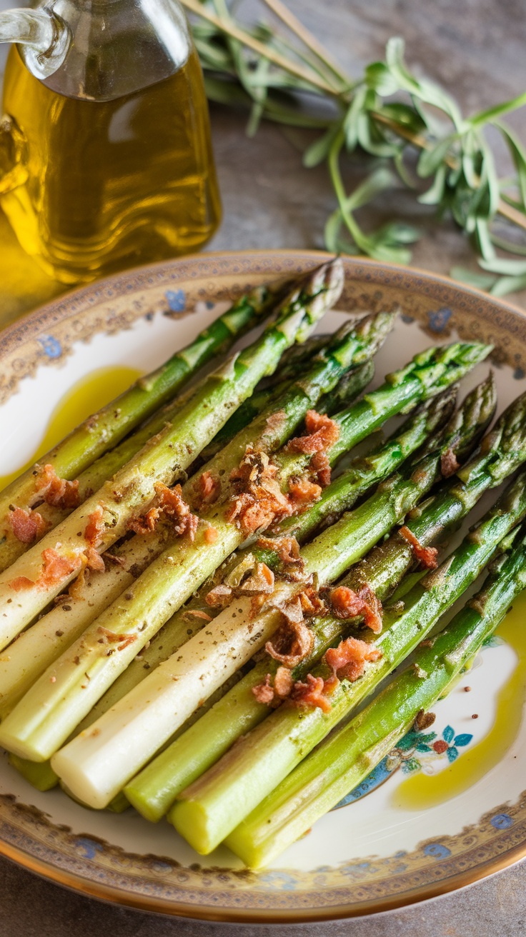 A decorative plate filled with crispy air fryer Italian style asparagus, seasoned with herbs, next to a bottle of olive oil.