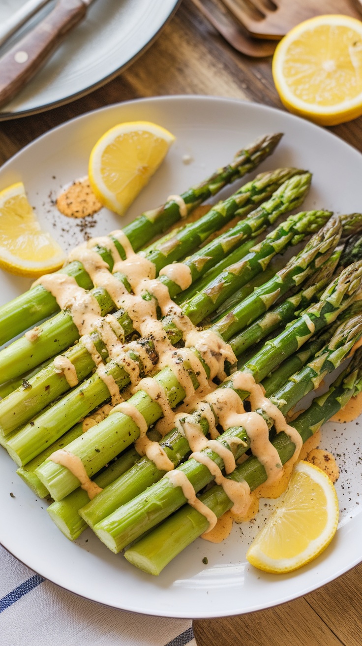 Crispy air fryer lemon pepper asparagus on a white plate with lemon slices and black pepper.
