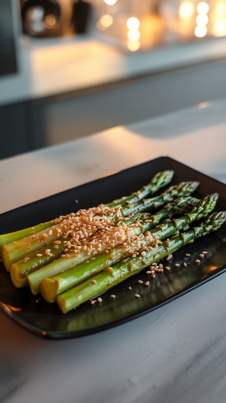 Air fryer sesame asparagus garnished with toasted sesame seeds on a black plate in a modern kitchen.