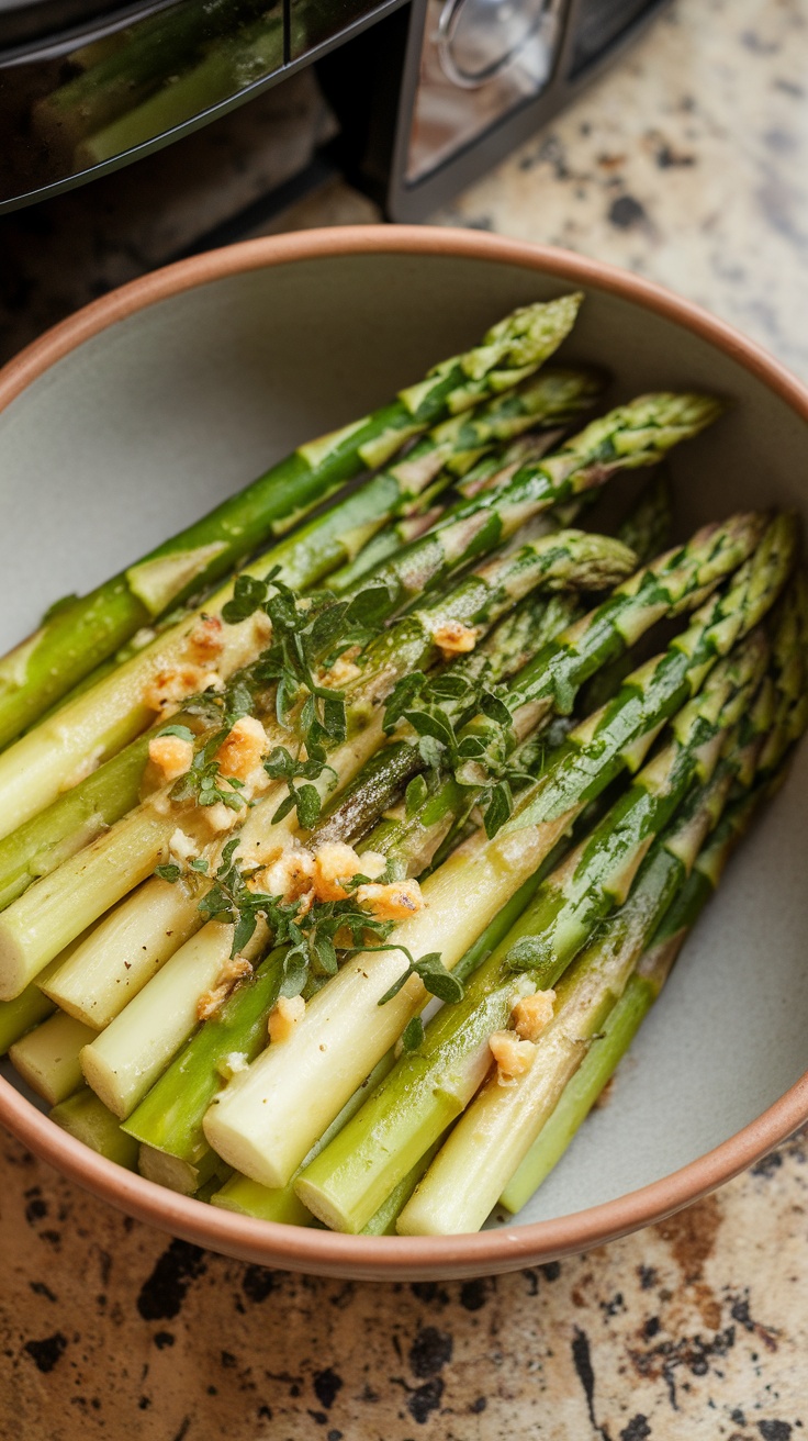 Crispy Air Fryer Asparagus with Garlic Butter Air fryer asparagus with garlic butter in a white bowl, garnished with herbs, on a kitchen countertop.