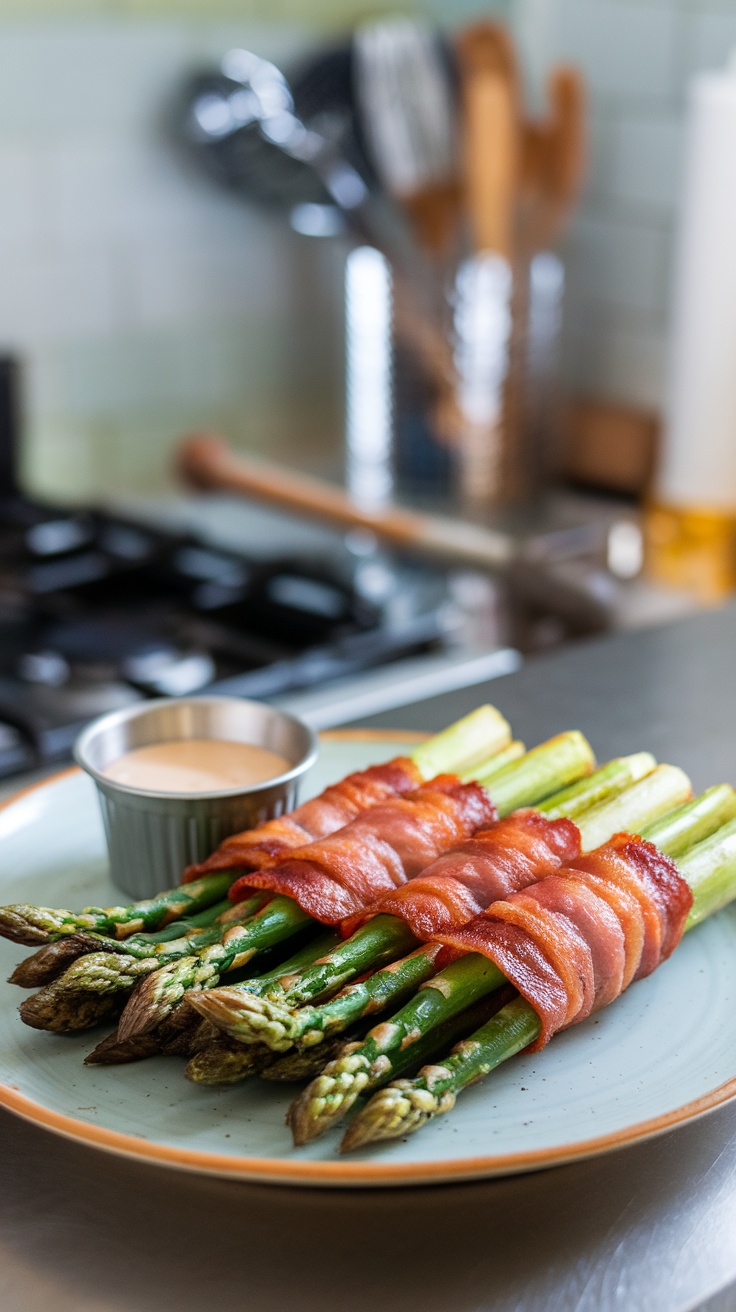 Air fryer bacon-wrapped asparagus on a grey plate with dipping sauce and a soft-focus kitchen backdrop.