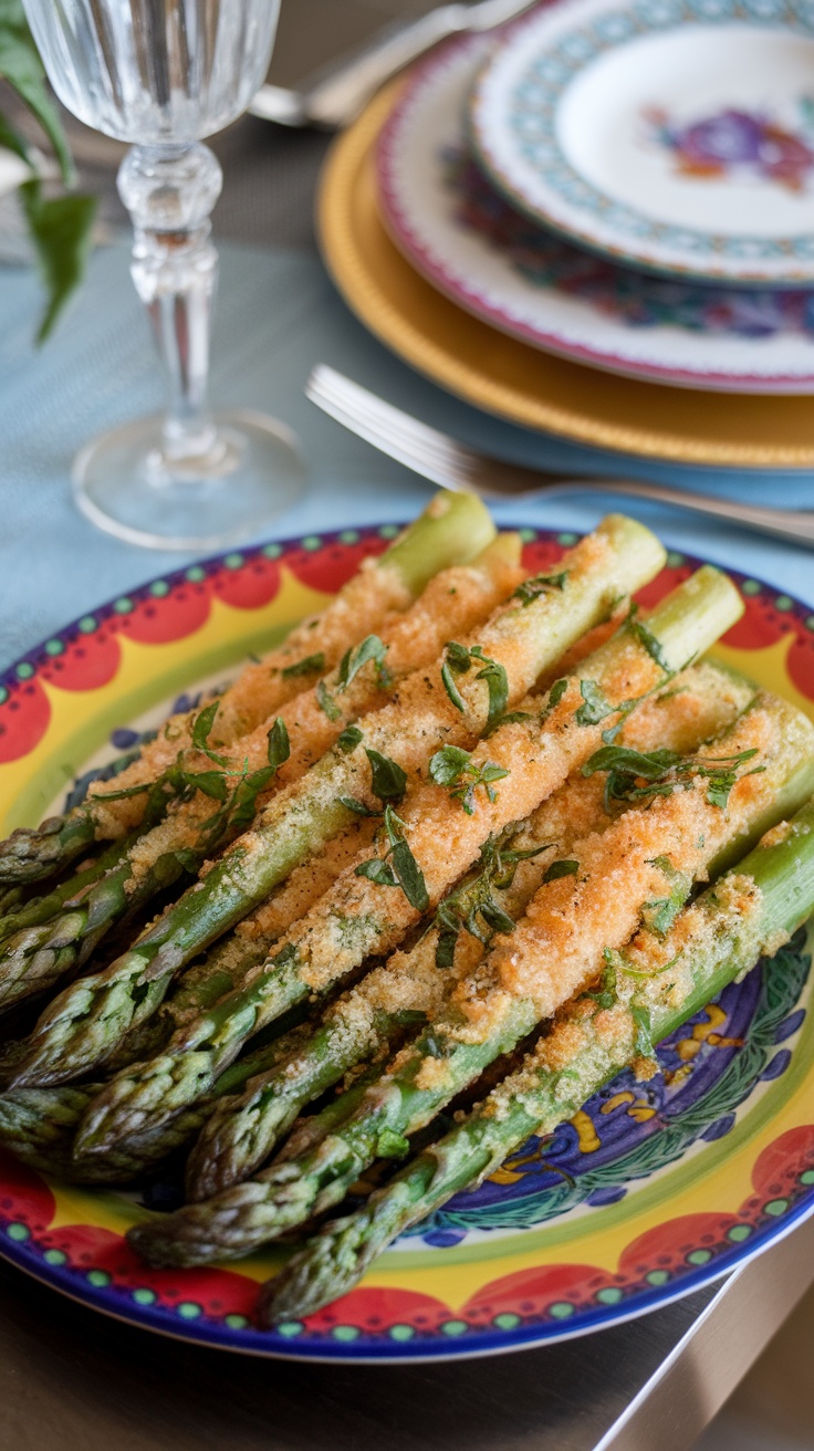 Crispy Air Fryer Parmesan Crusted Asparagus Recipe Golden-brown parmesan crusted asparagus on a colorful plate, garnished with herbs.