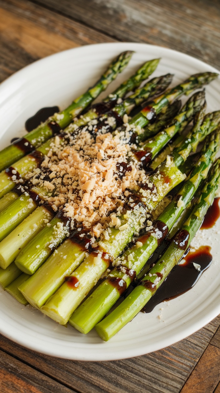 Air fryer balsamic glazed asparagus served on a white plate, topped with Parmesan cheese.