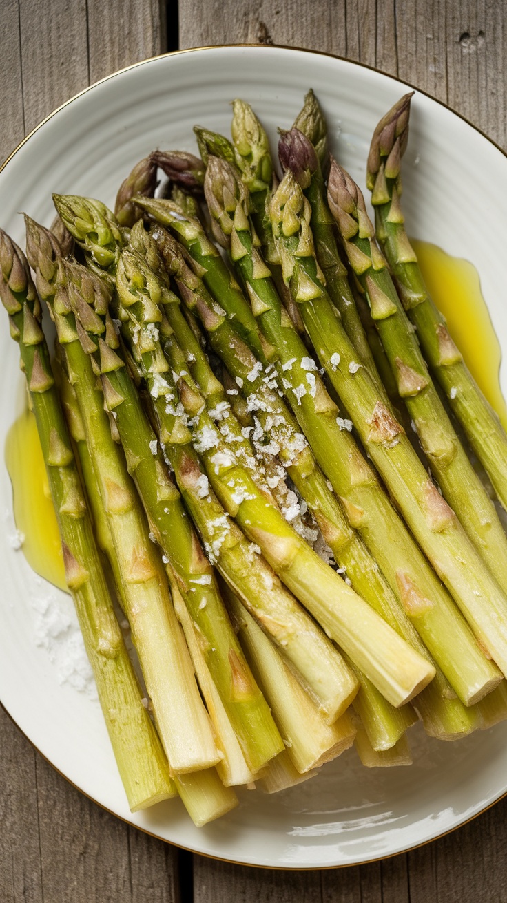 Crispy air fryer asparagus spears on a white plate, garnished with olive oil and sea salt, on a rustic wooden background.