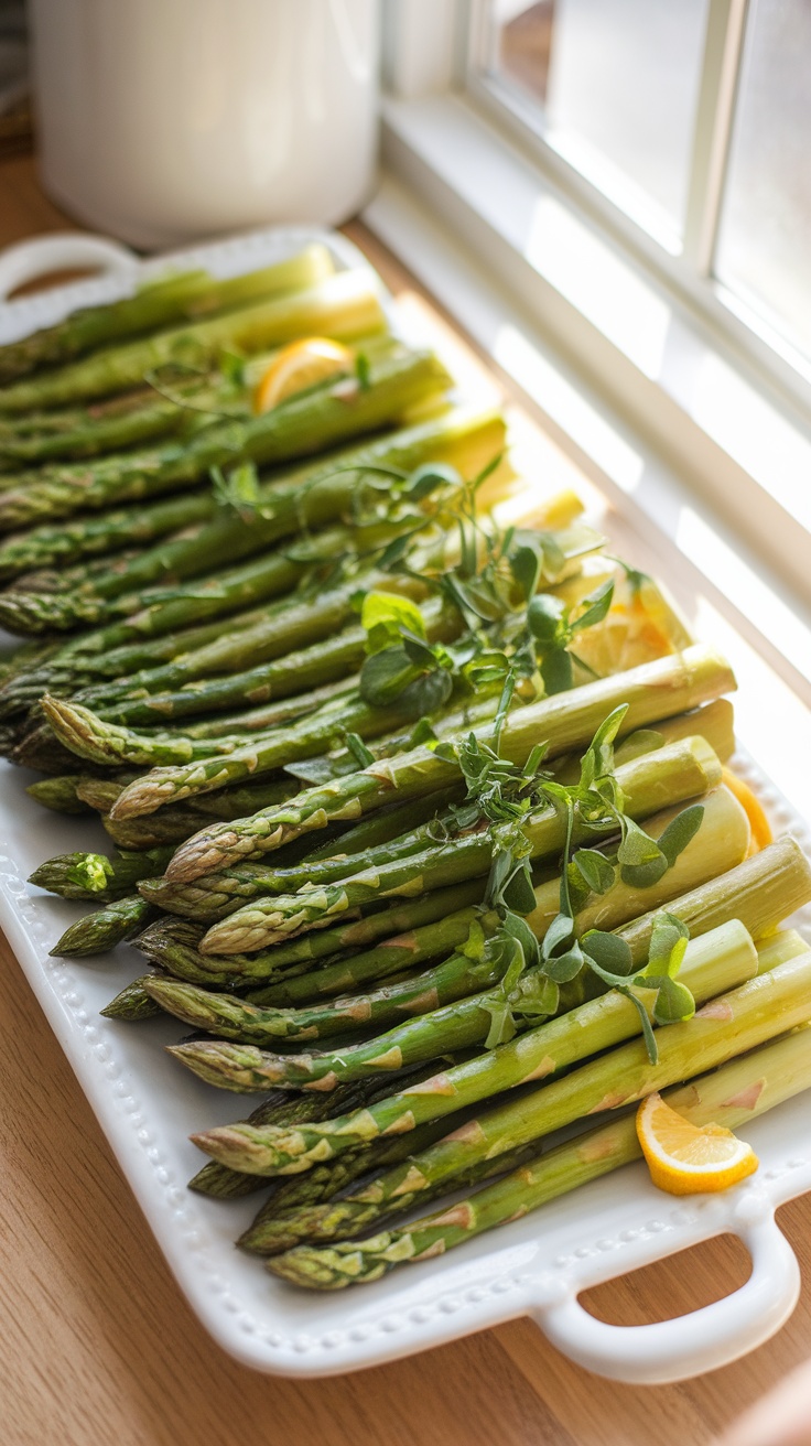 Bright green asparagus spears with lemon zest on a white platter, garnished with lemon slices in a sunlit kitchen.