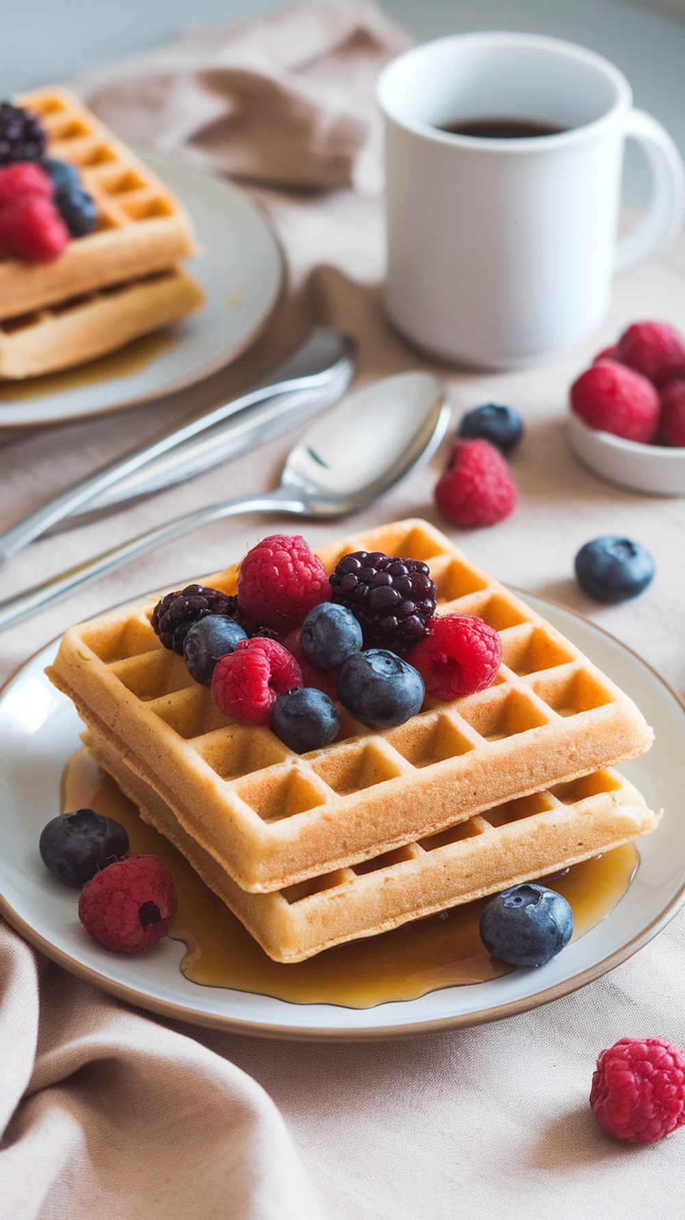 Plate of almond flour protein waffles topped with fresh berries and maple syrup.