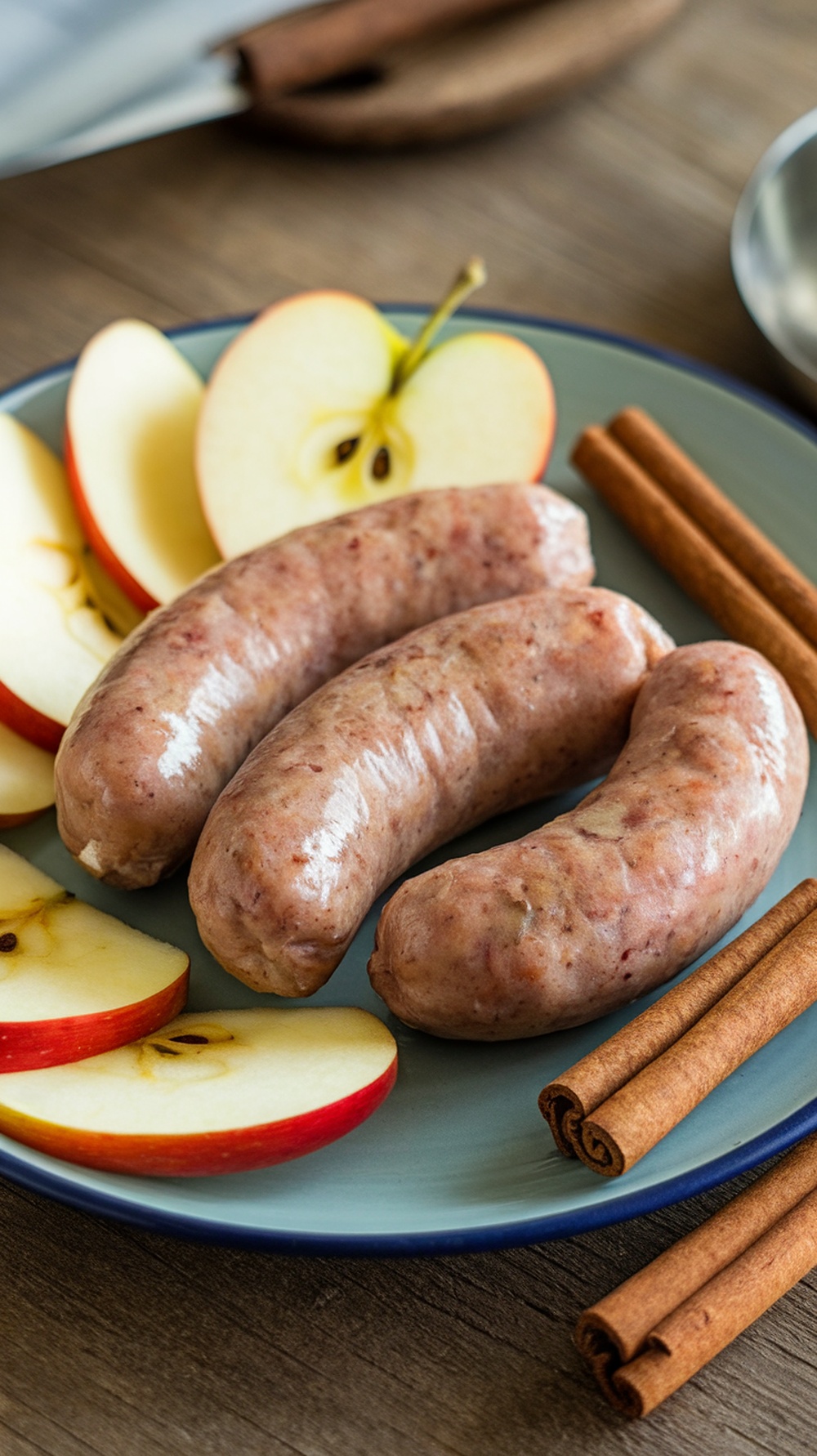 A plate of apple cinnamon breakfast sausage links with slices of apples and cinnamon sticks.