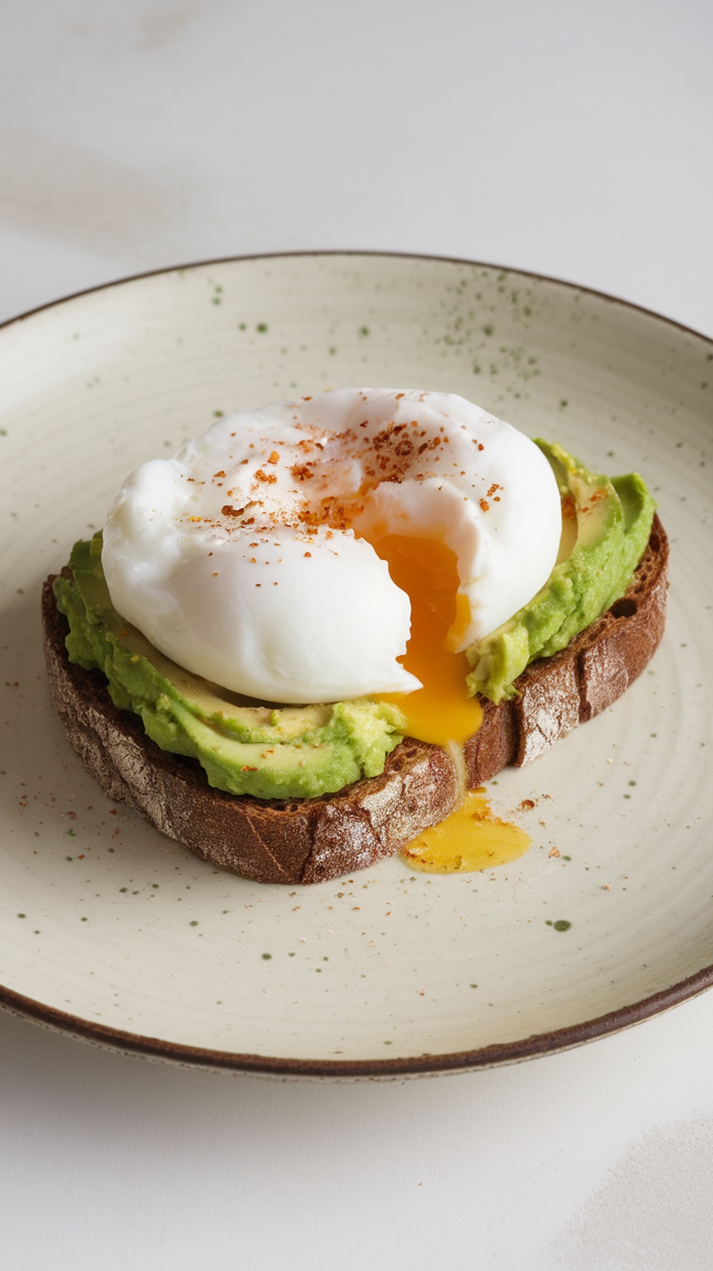 Avocado toast topped with a poached egg and sprinkled with red pepper flakes.