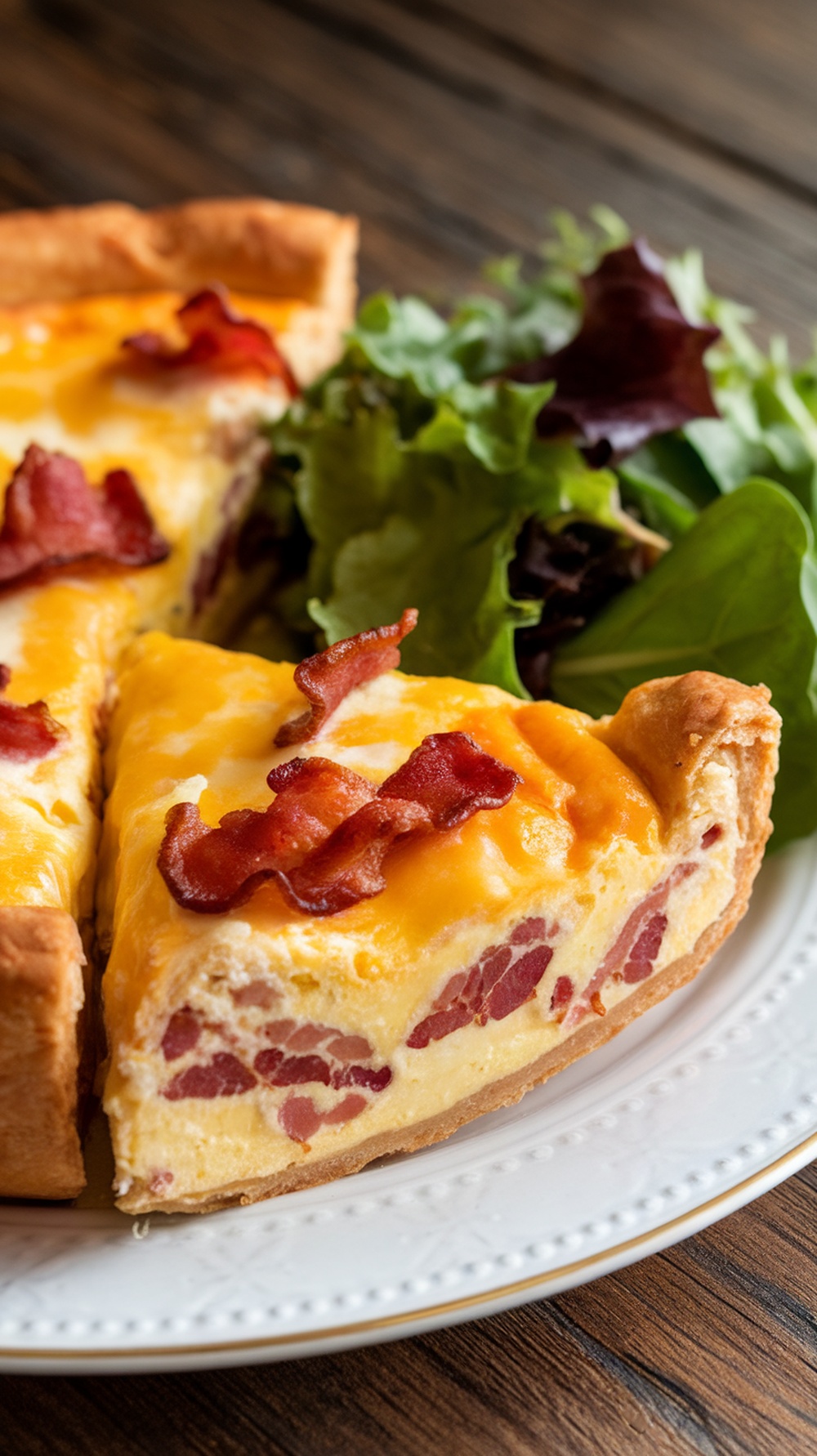 A slice of Bacon and Cheddar Crescent Roll Quiche with crispy bacon and a fresh salad on the side.