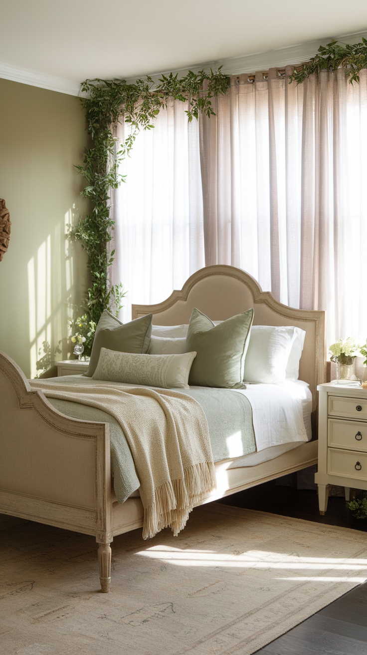 A serene bedroom featuring Benjamin Moore Soft Fern on the walls, with a cozy bed adorned in soft green and cream bedding, and natural elements like plants and a textured throw.