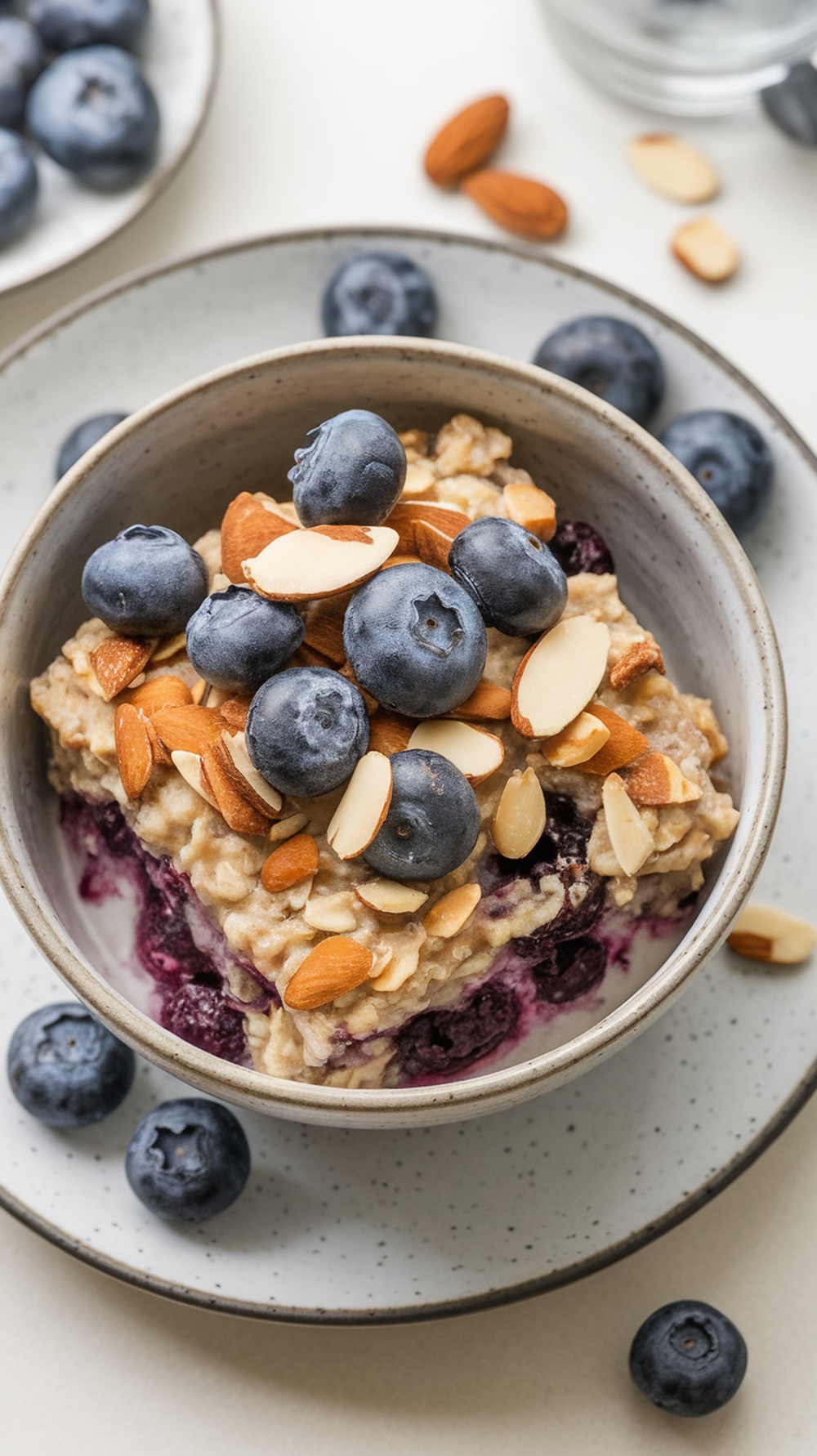 A bowl of blueberry almond overnight oats casserole topped with almonds and blueberries.