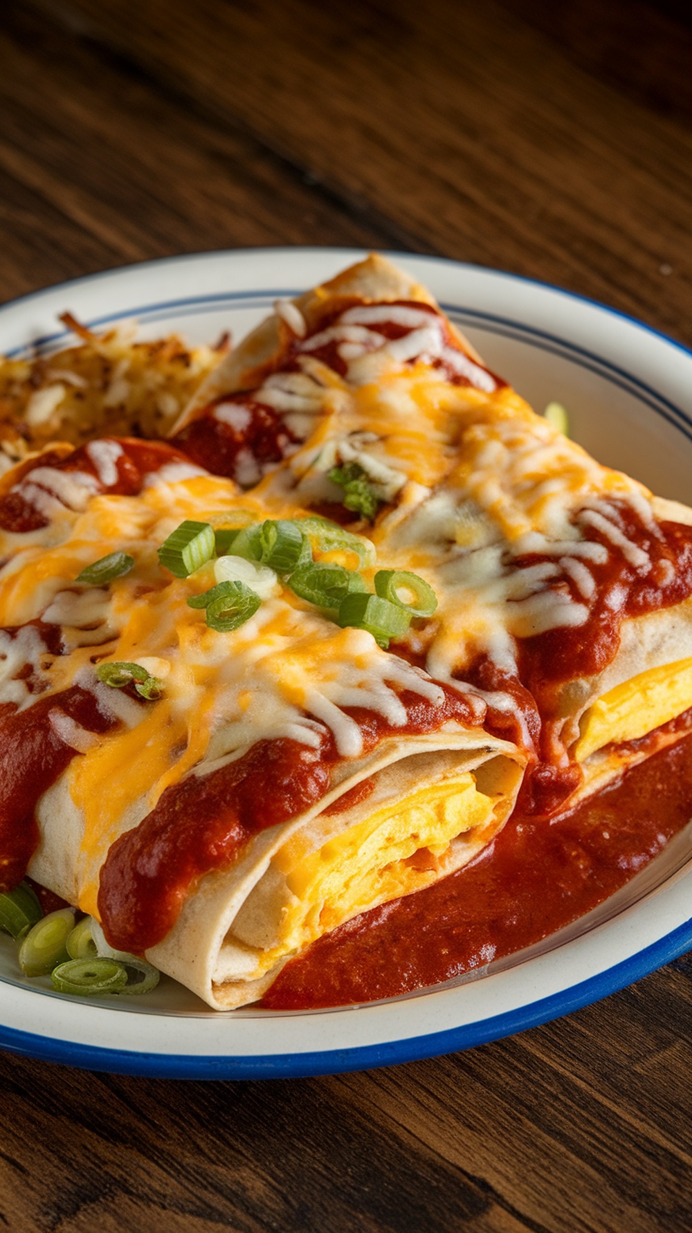 Delicious breakfast enchiladas topped with cheese and sauce