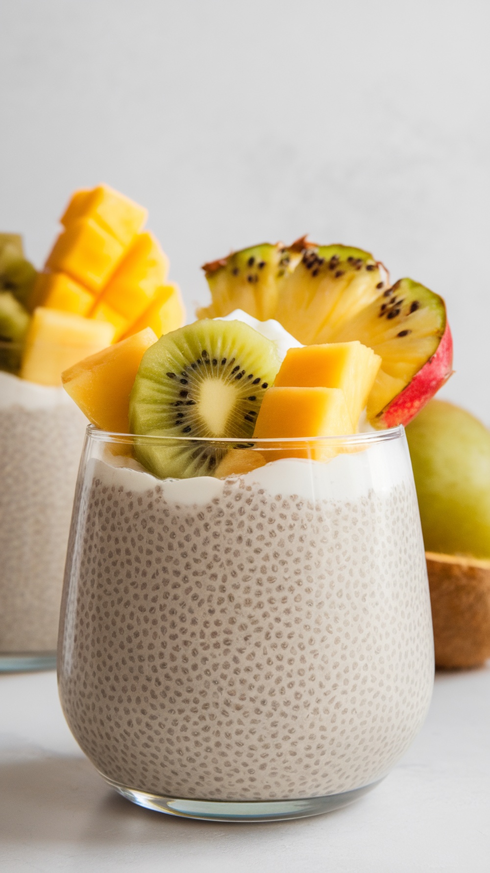 Chia seed pudding topped with colorful fruits
