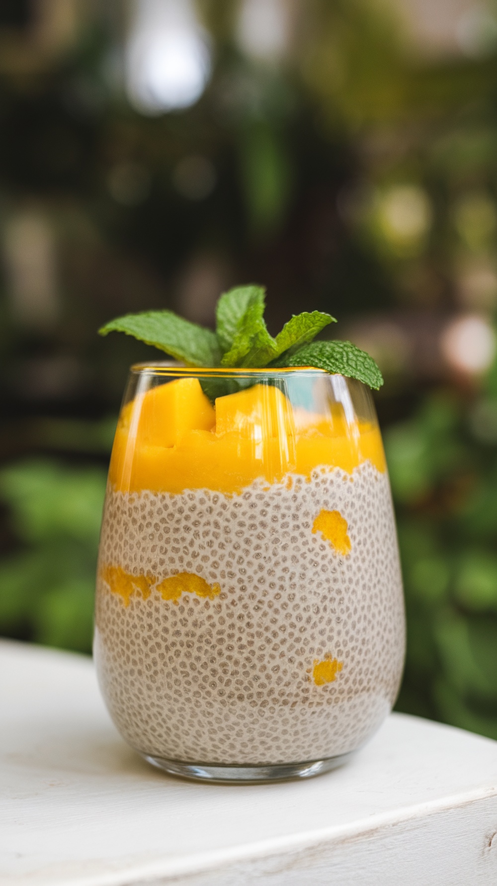 Chia seed pudding topped with fresh mango and mint leaves