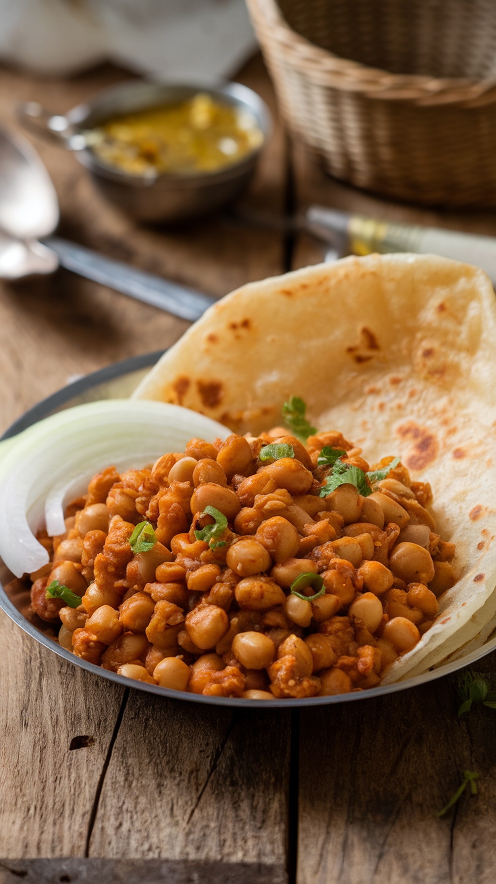 A plate of Chole Bhature with onions and a side of pickle.