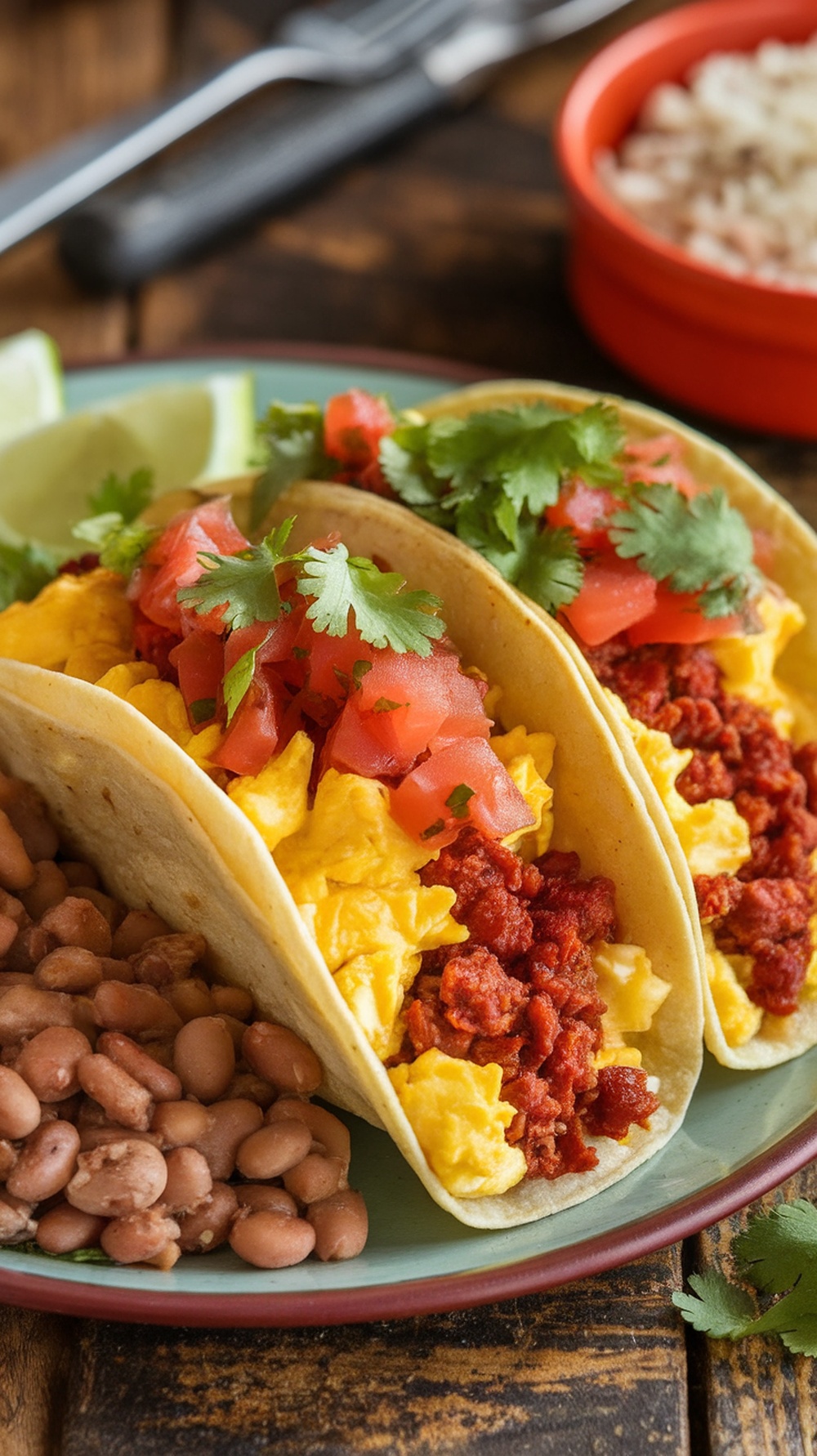 Chorizo and egg breakfast tacos served with beans and fresh toppings