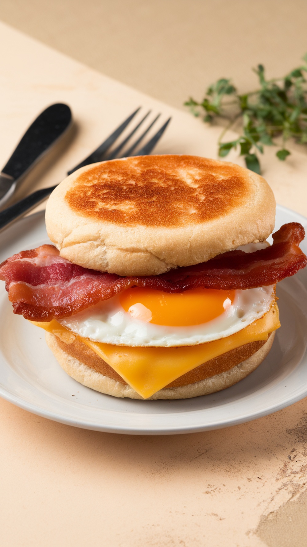 A classic bacon, egg, and cheese sandwich on an English muffin
