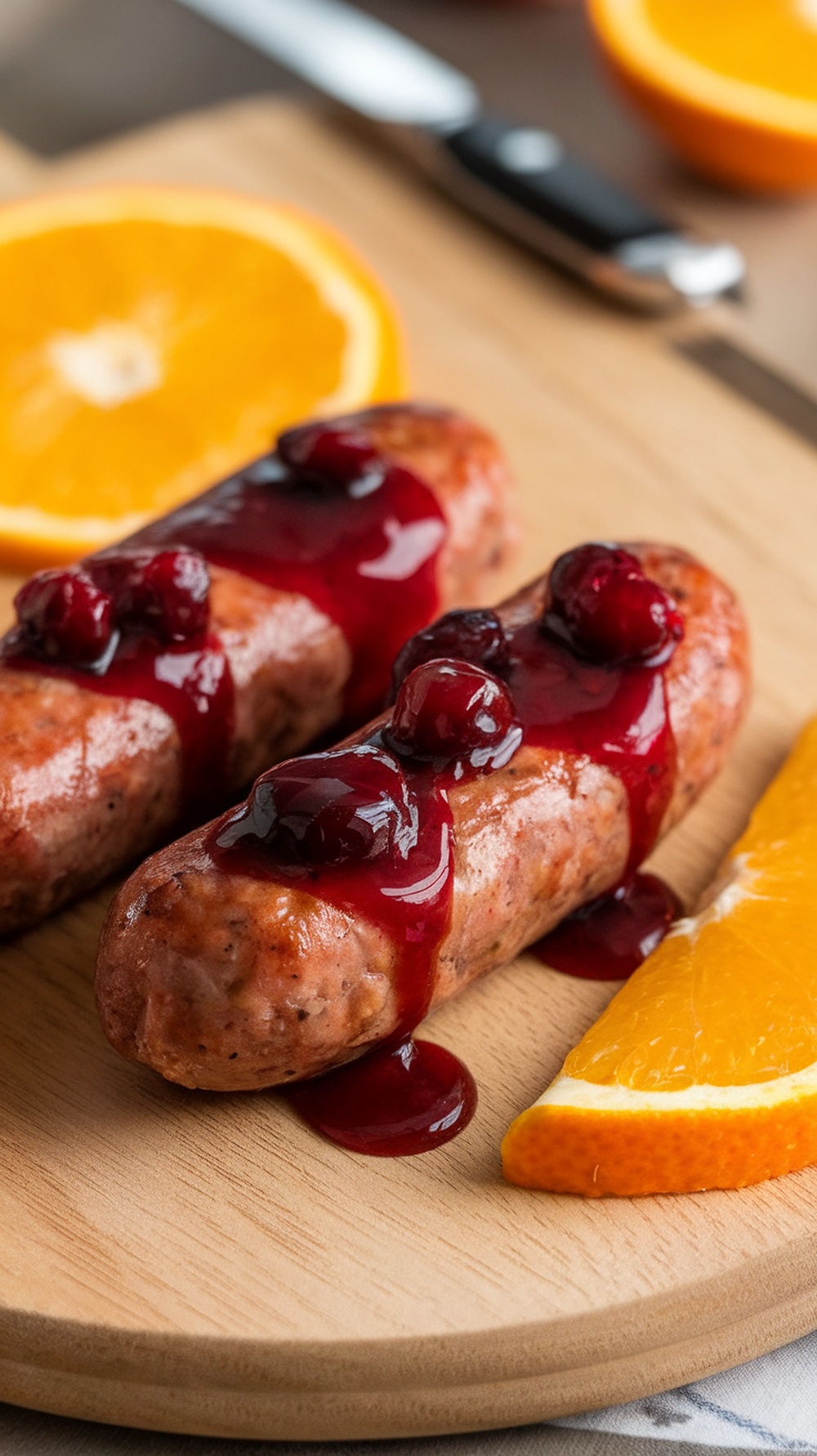 Cranberry and orange breakfast sausage with sauce and orange slices