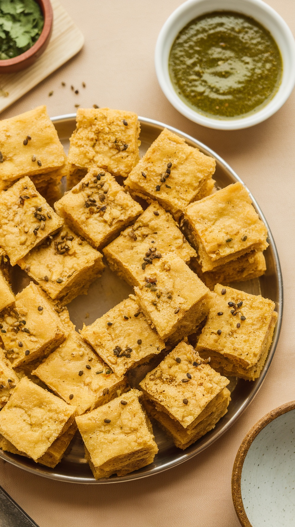 Dhokla served with green chutney on the side.
