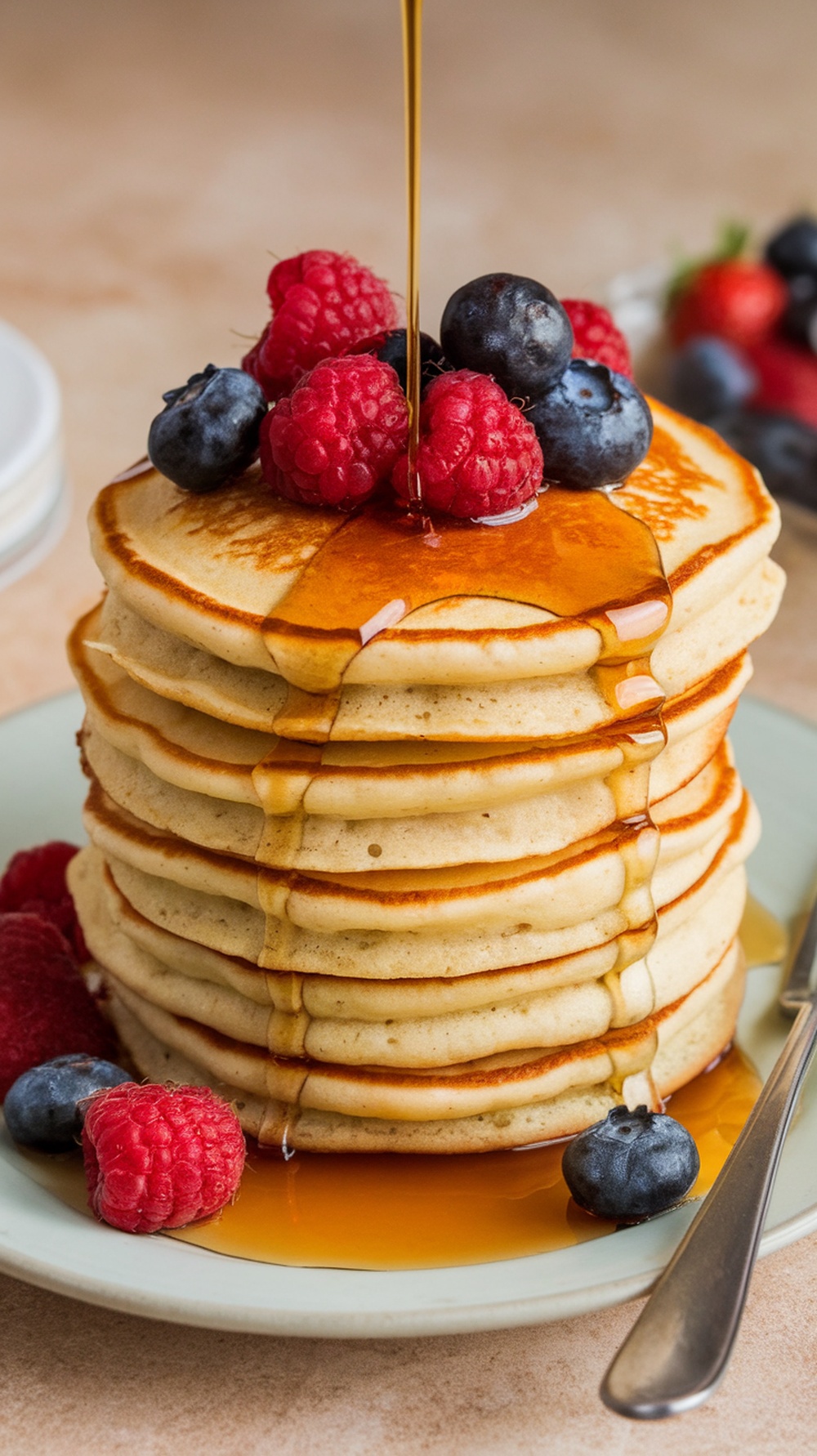 Fluffy buttermilk pancakes topped with berries and maple syrup