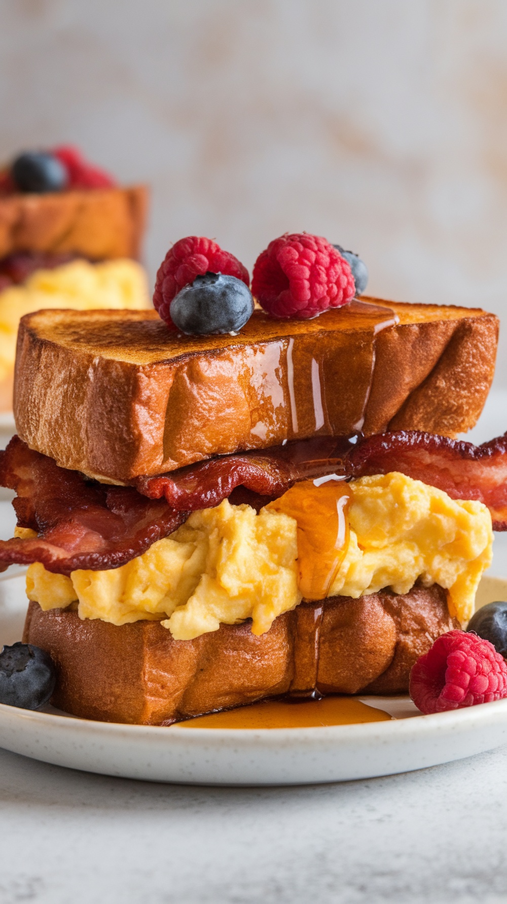 French Toast Breakfast Sandwich with bacon and scrambled eggs