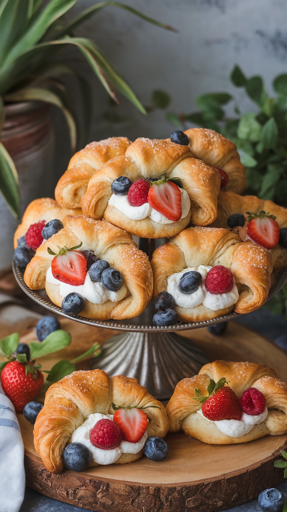 Fruit and cream cheese crescent roll pastries on a serving platter.