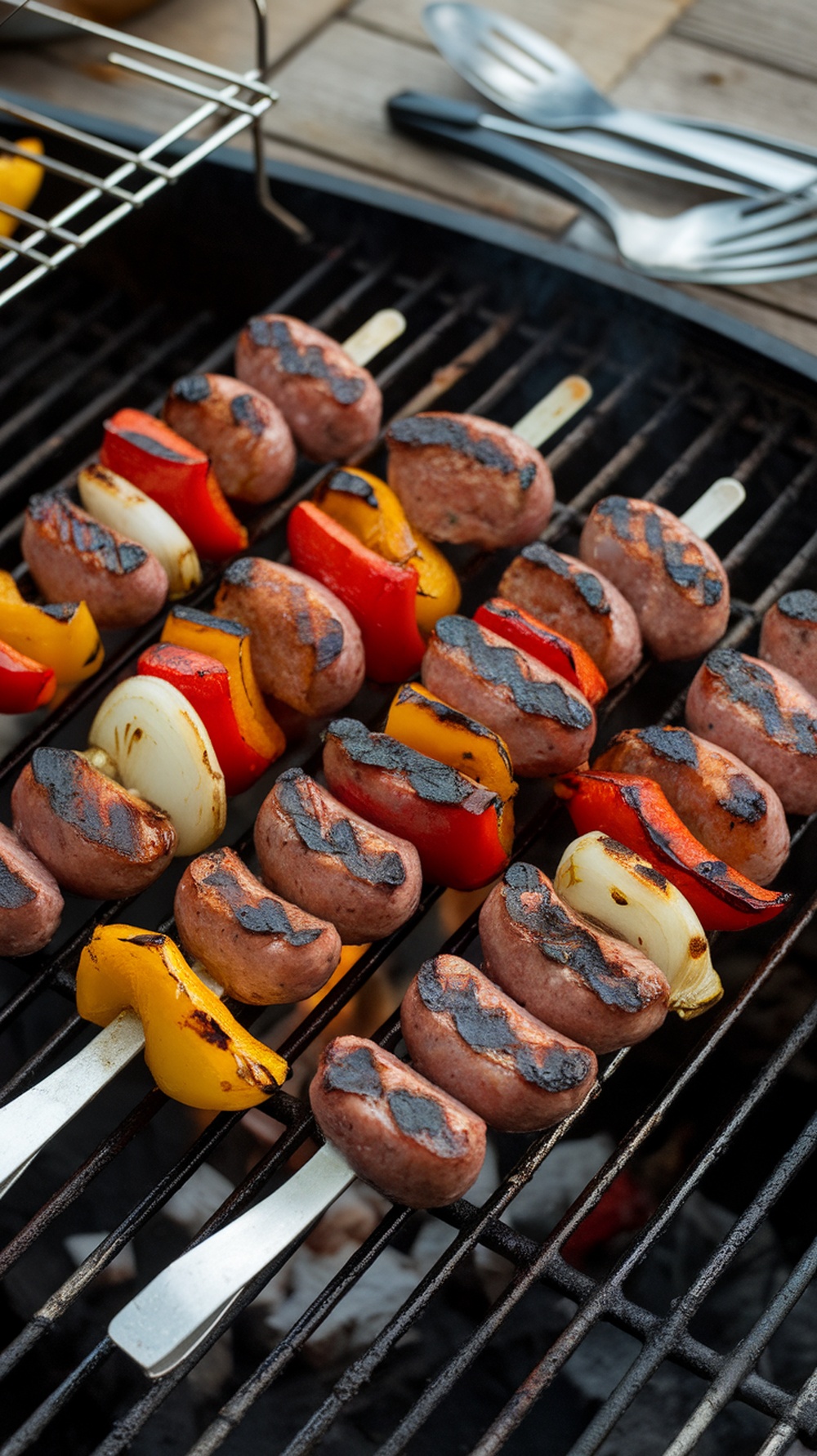 Grilled sausage skewers with colorful bell peppers and onions.