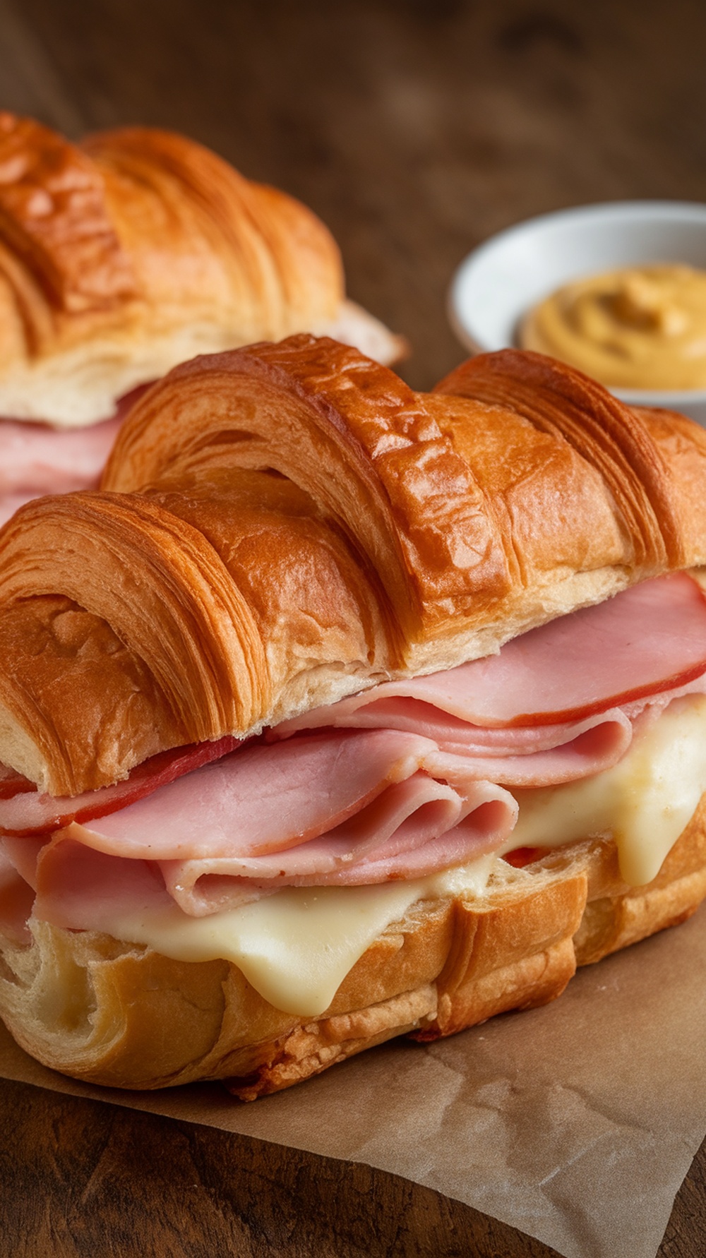 A ham and cheese croissant sandwich, cut in half, revealing ham and Swiss cheese inside.