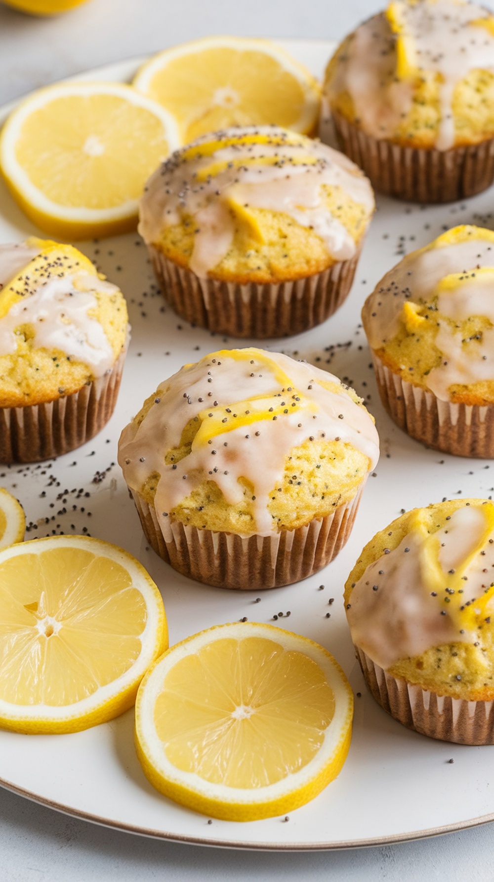 Lemon poppy seed muffins on a plate with lemon slices