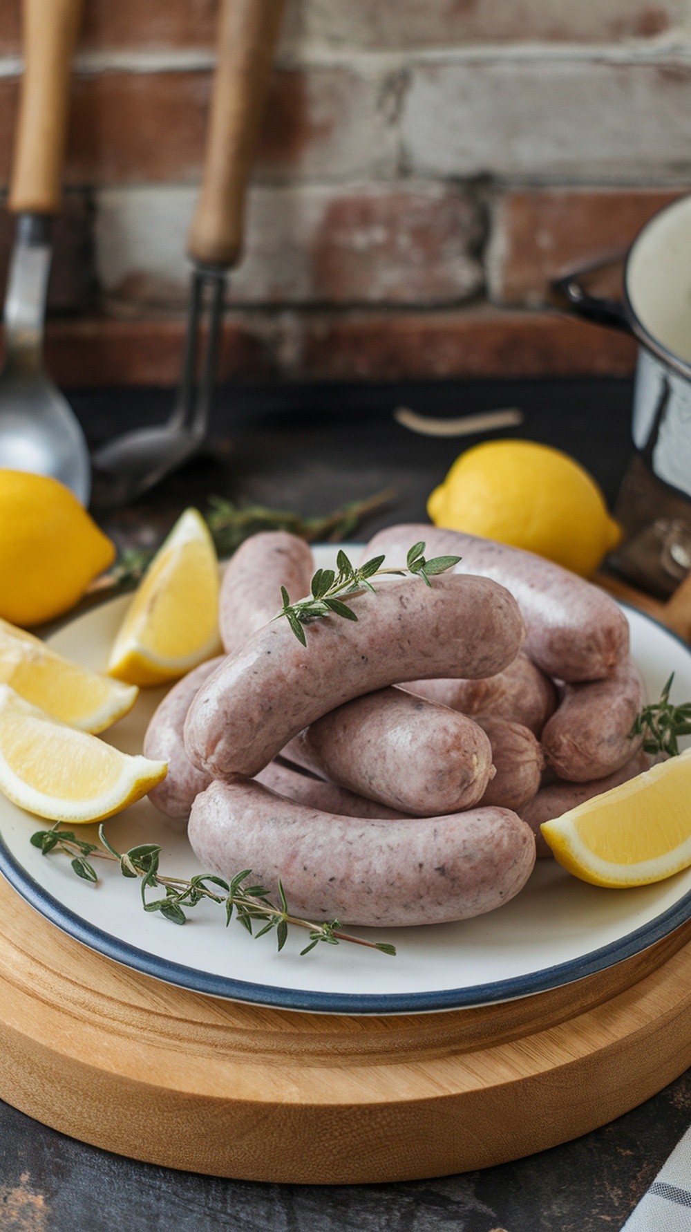 Homemade lemon thyme breakfast sausages on a plate with lemon wedges