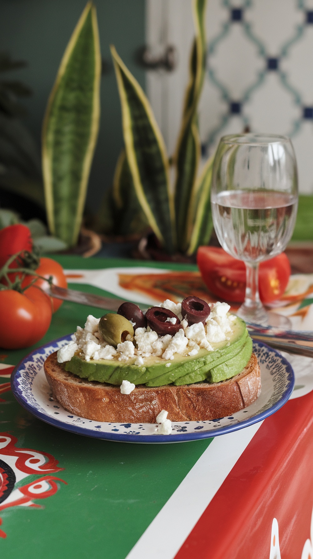 Mediterranean avocado toast topped with feta cheese and olives on a colorful plate.