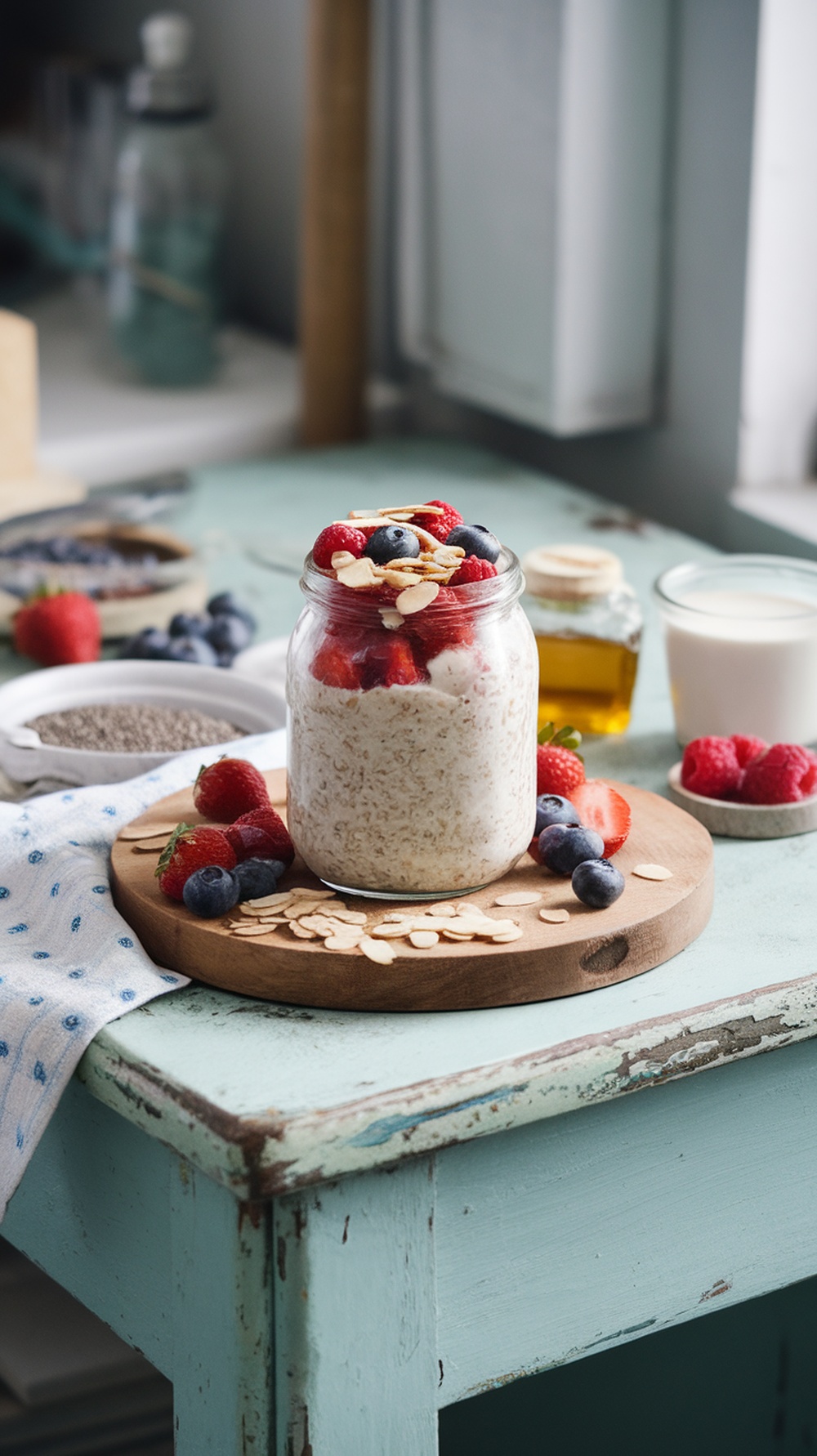 A jar of overnight oats topped with berries and almonds.