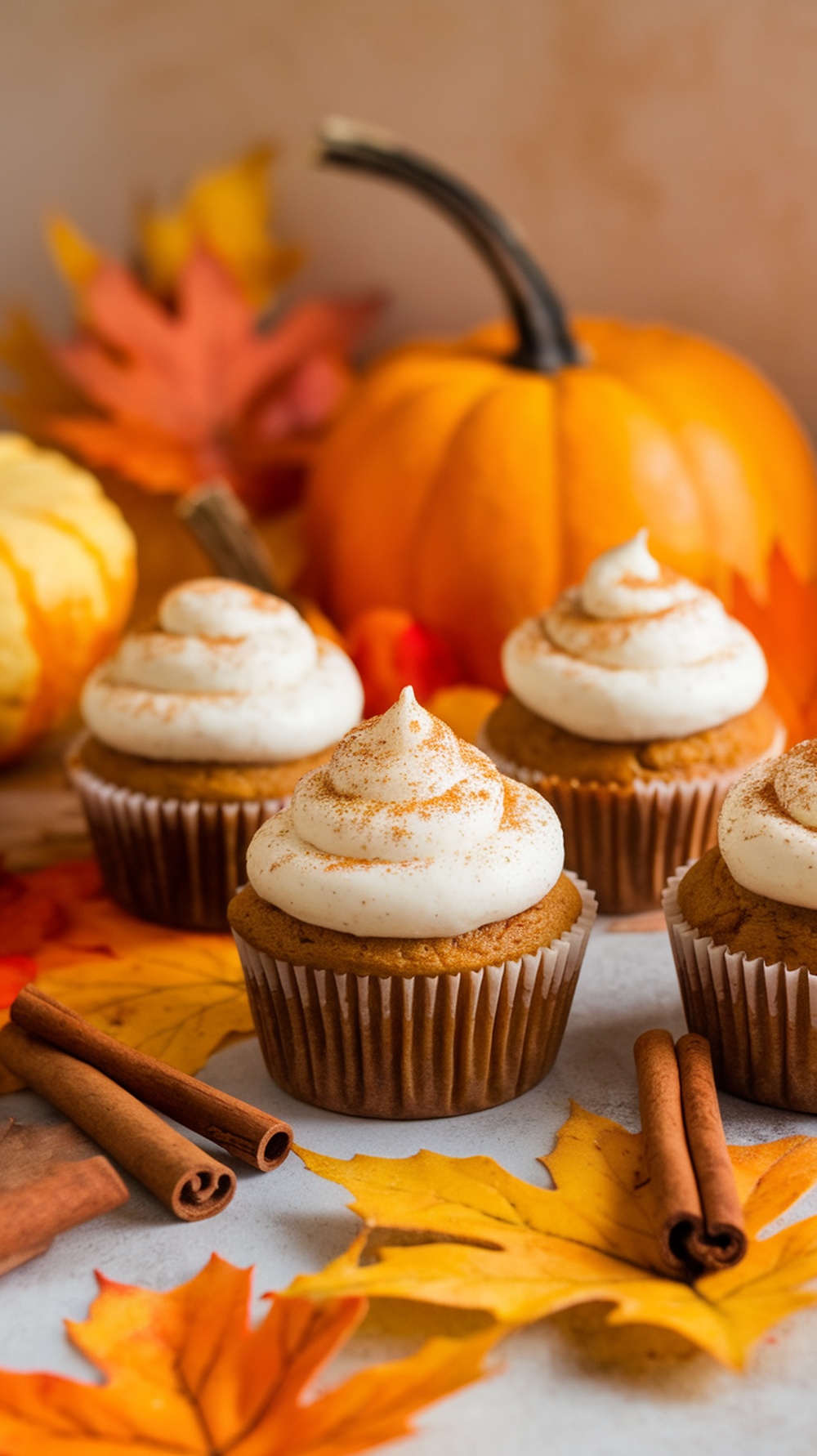 Delicious pumpkin spice muffins topped with cream cheese frosting.