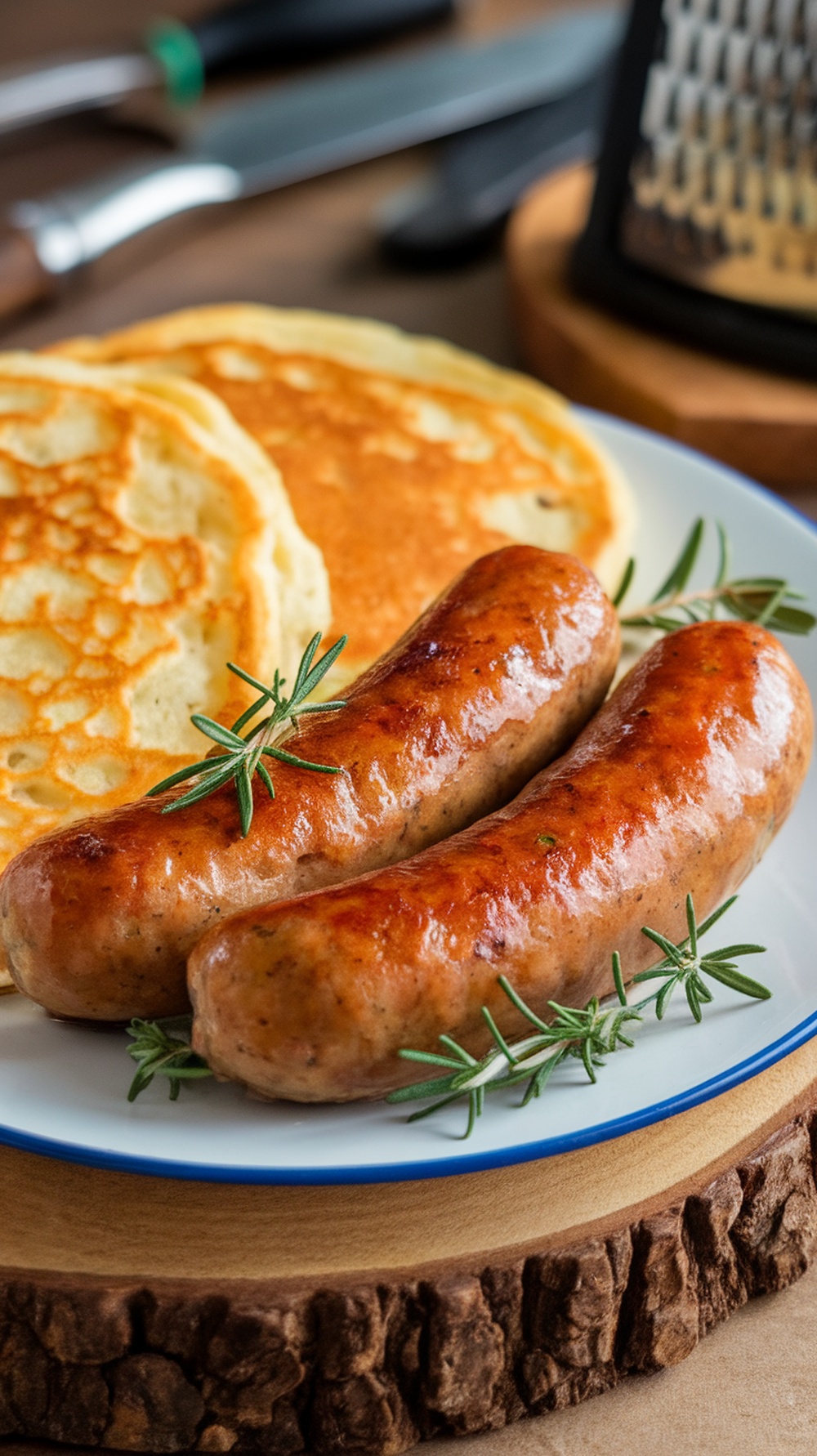 Savory maple-glazed breakfast sausages served with pancakes.
