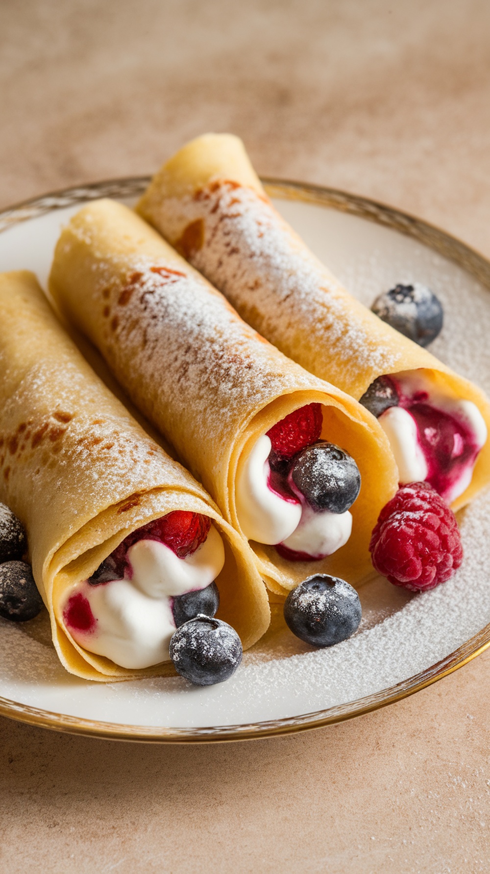 Delicious sourdough crepes filled with sweet filling and garnished with berries.