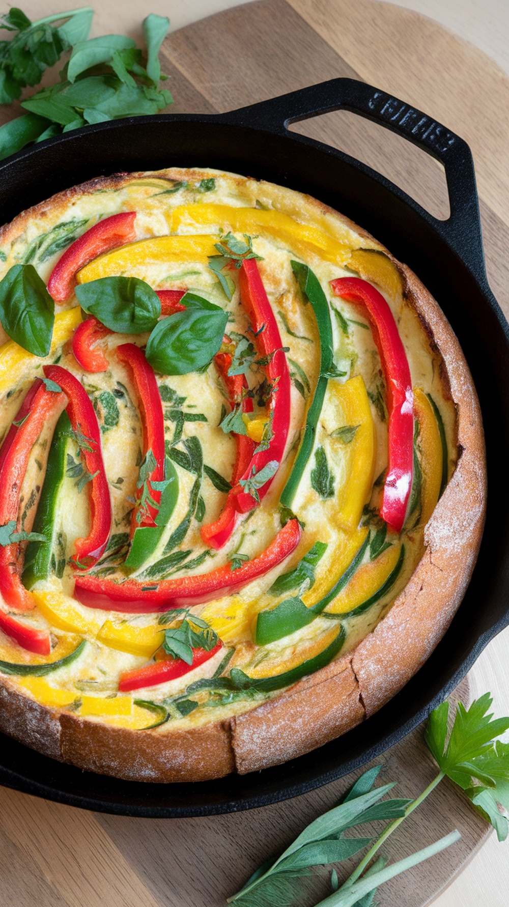 A colorful sourdough frittata with seasonal vegetables topped with fresh herbs.