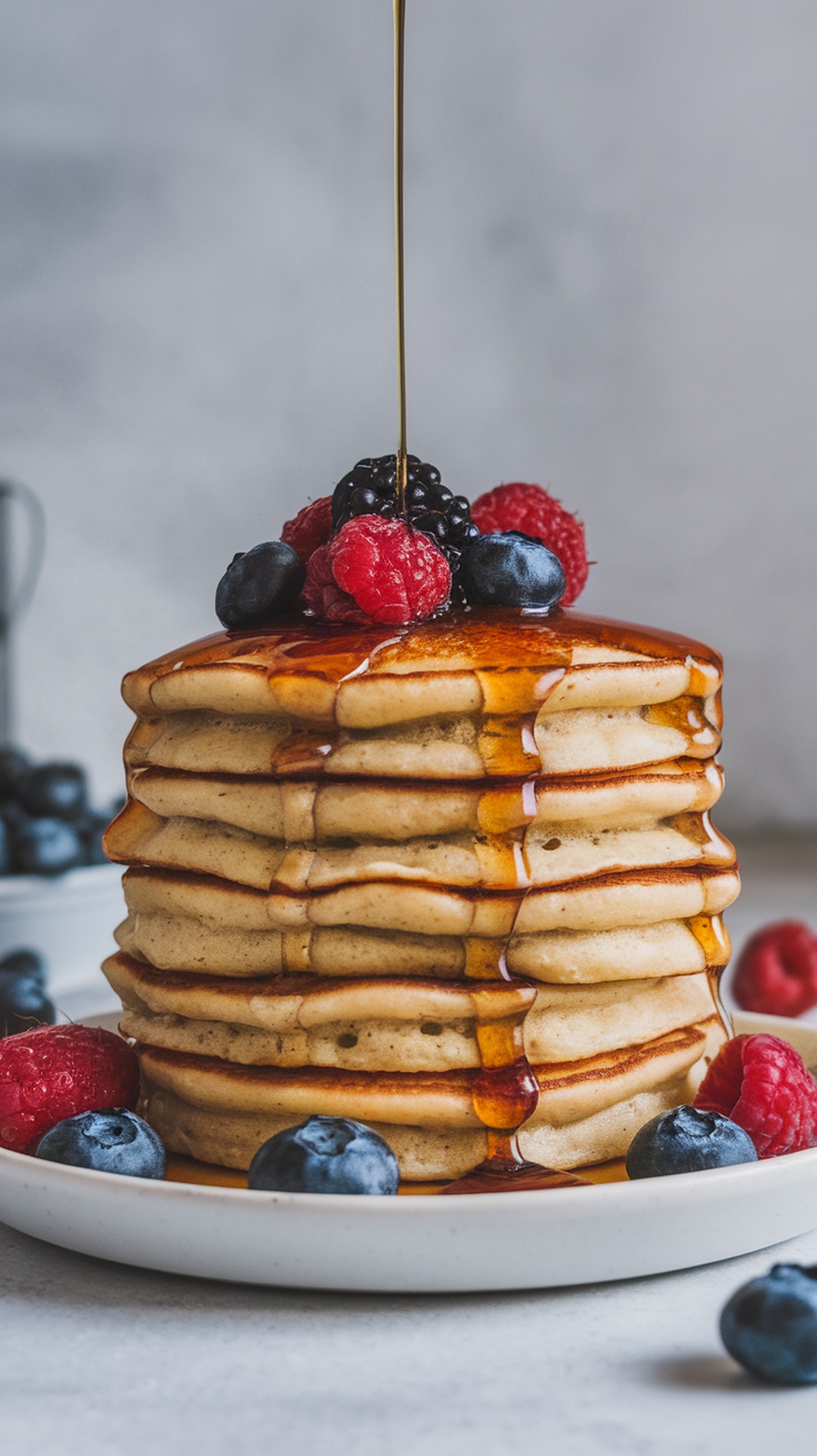 Sourdough pancakes stacked with syrup and berries