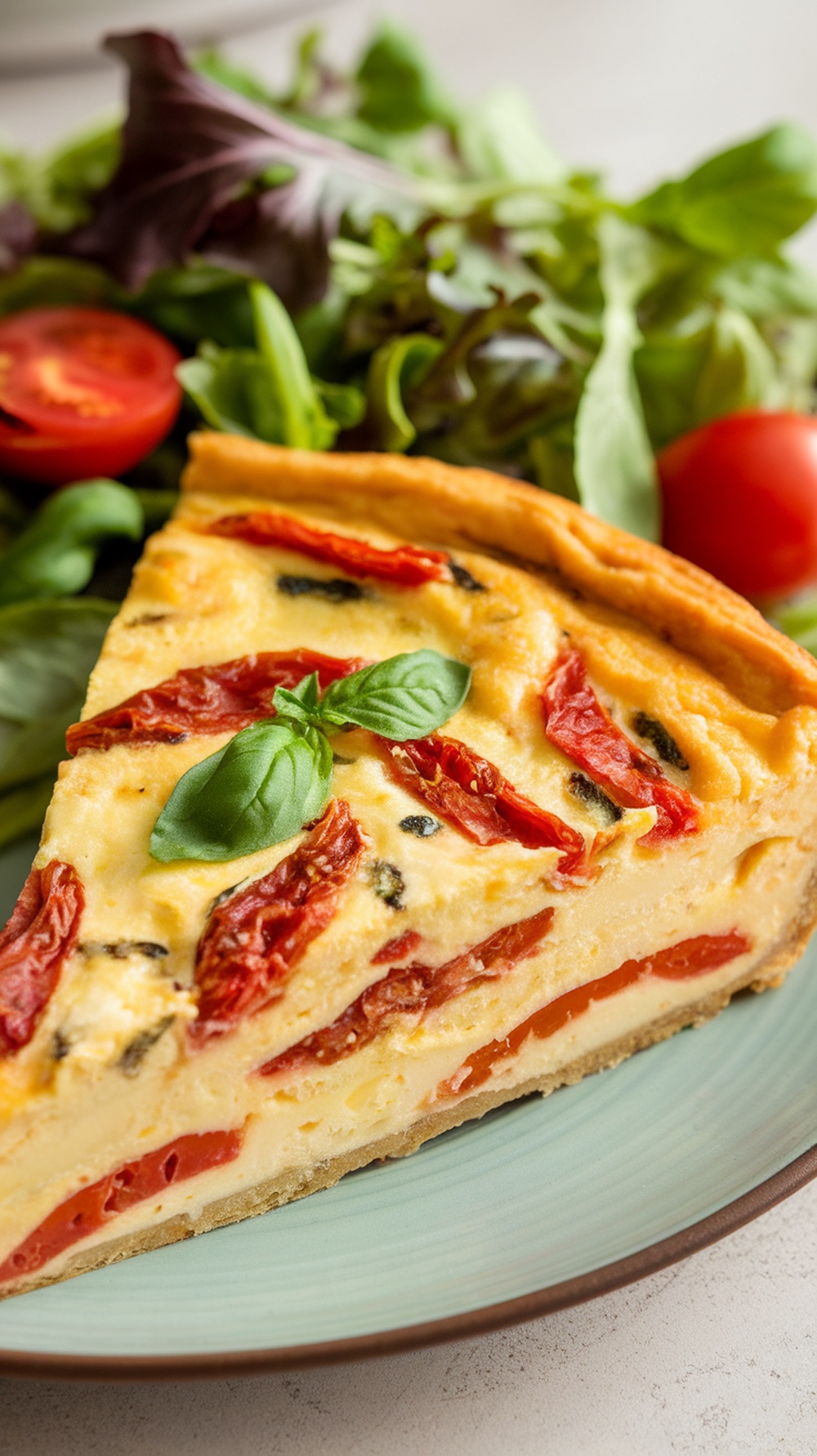 A slice of sun-dried tomato and basil frittata served with a side salad.