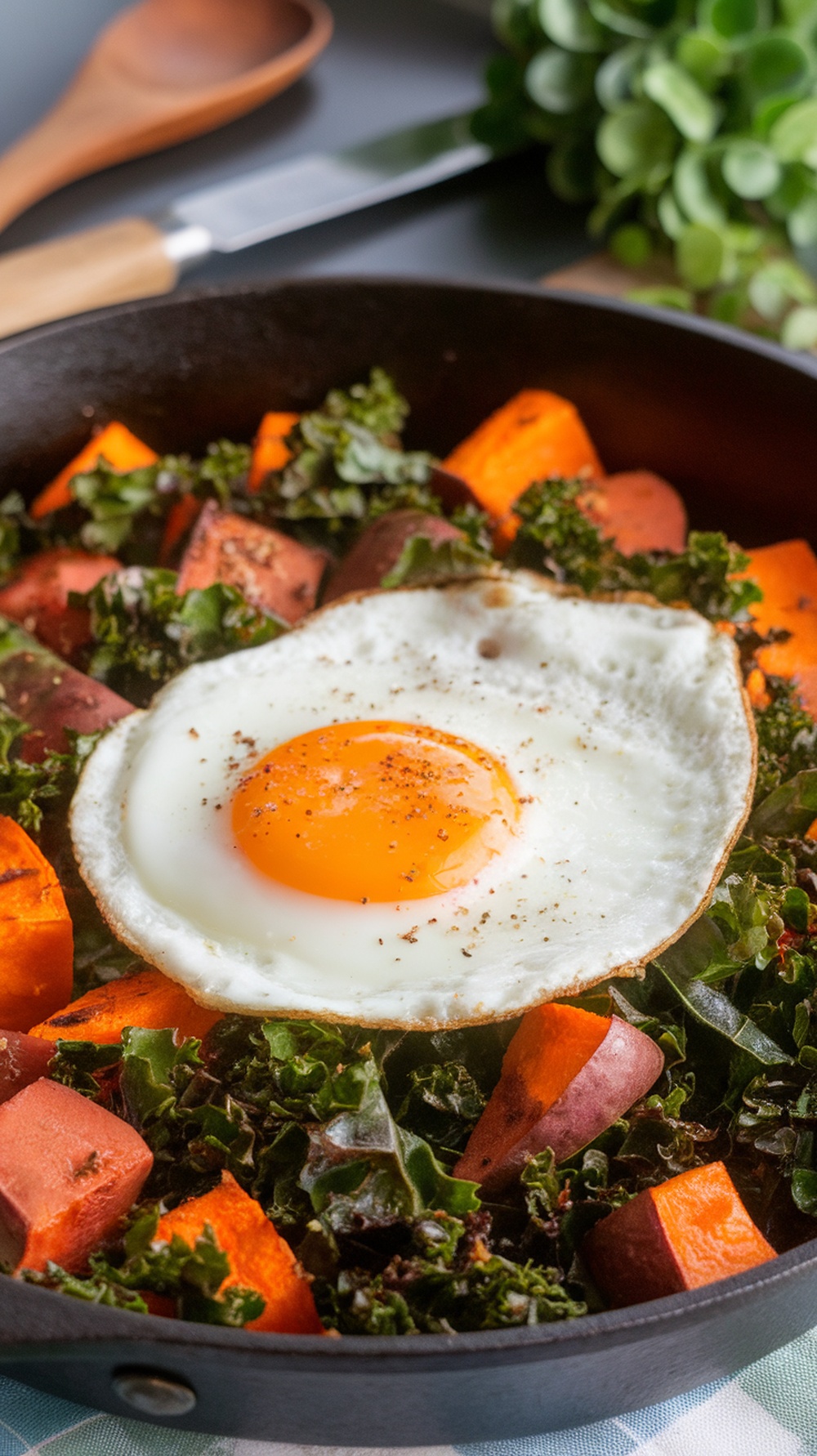 A delicious Sweet Potato and Kale Breakfast Hash topped with a fried egg.