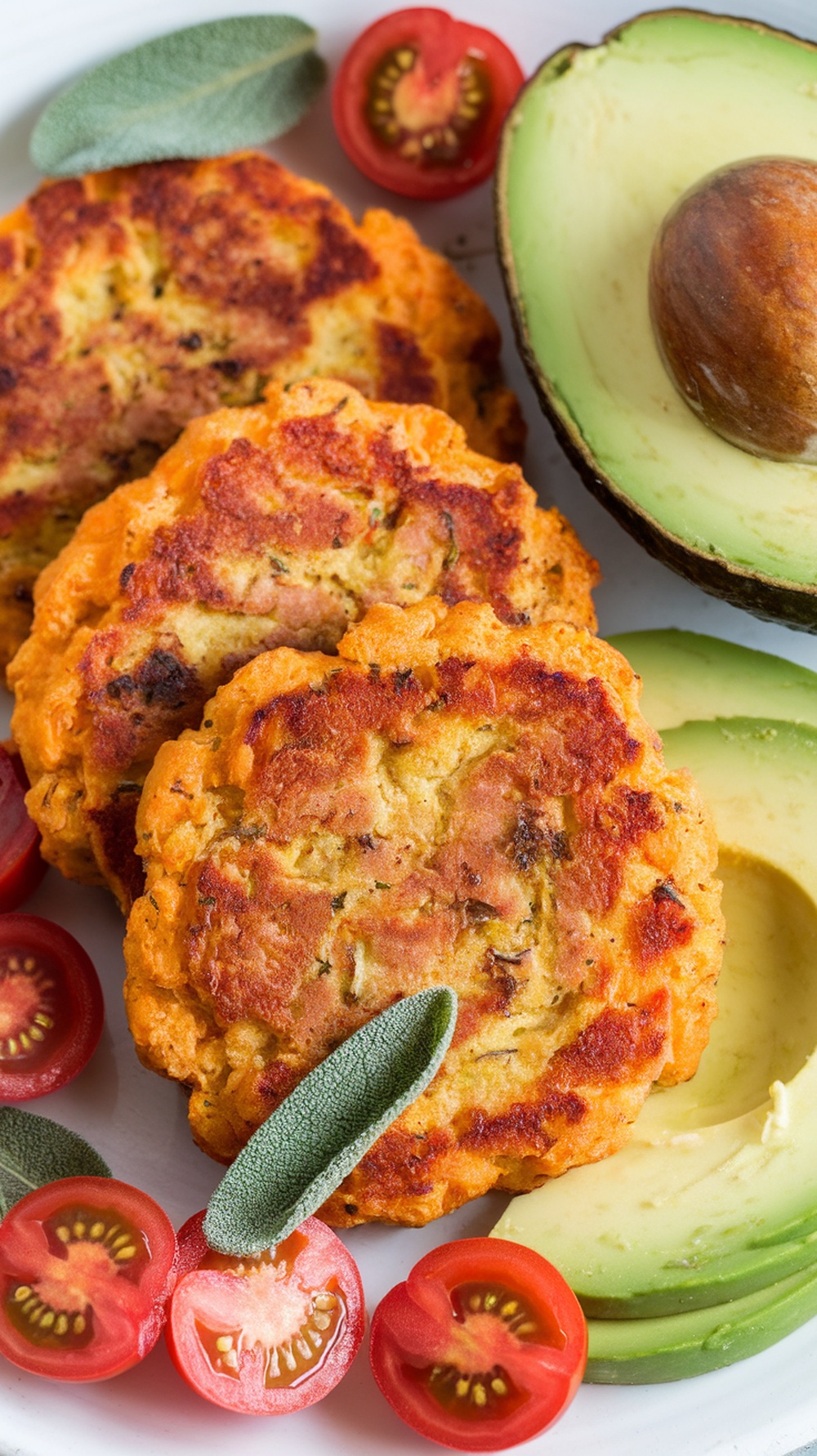 Delicious sweet potato and sage breakfast sausage patties served with avocado and cherry tomatoes.