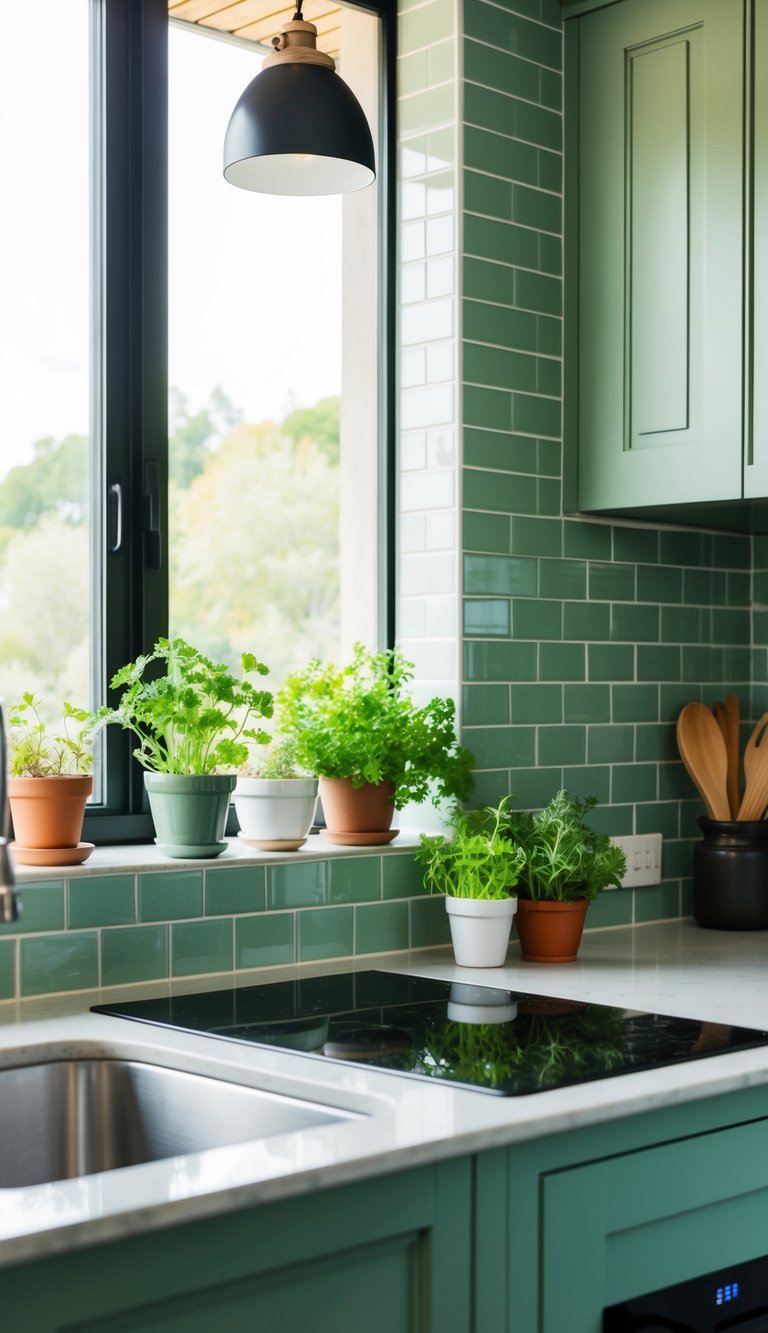 A modern kitchen with sage green tiles as a fresh backsplash, natural light streaming in, and potted herbs on the counter