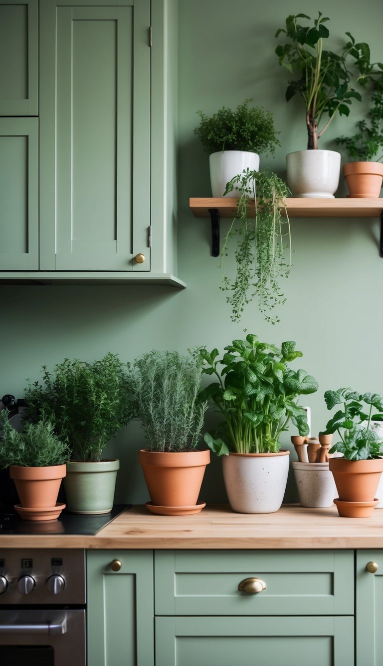 Potted herbs and plants adorn a sage green kitchen, adding natural decor and a touch of greenery to the space