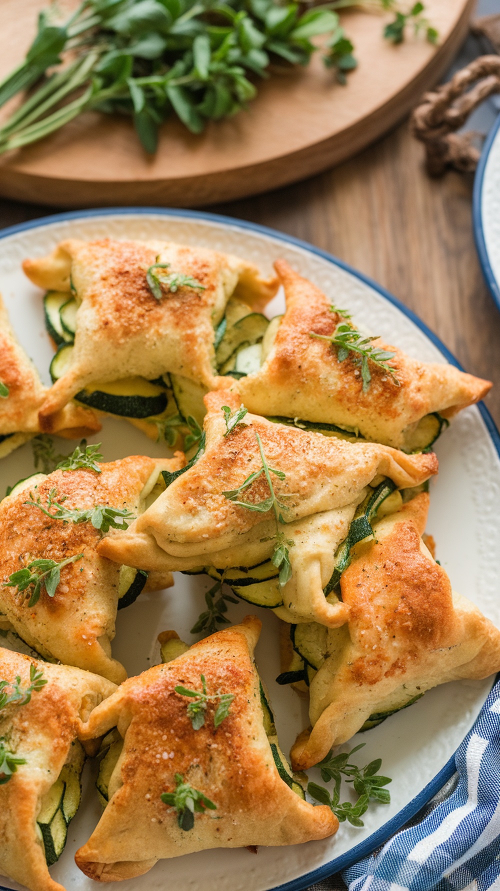 Zucchini and Parmesan Crescent Roll Strudels on a plate, garnished with fresh herbs