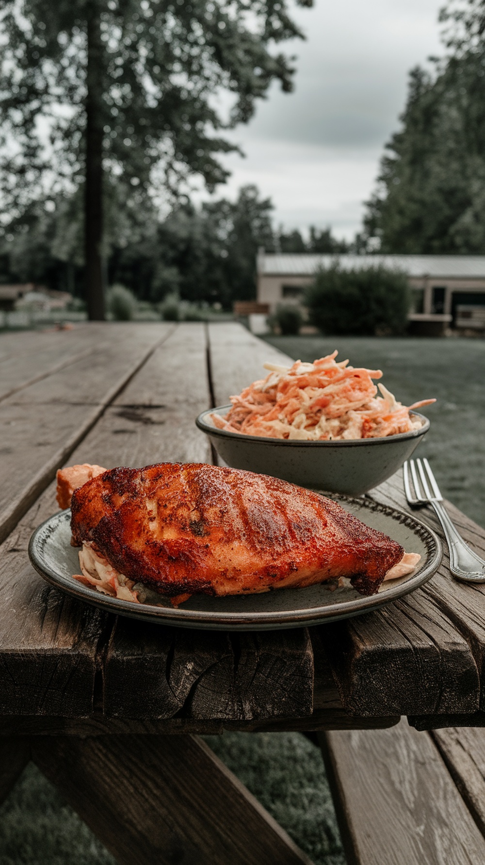 BBQ chicken breast served with coleslaw on a wooden table