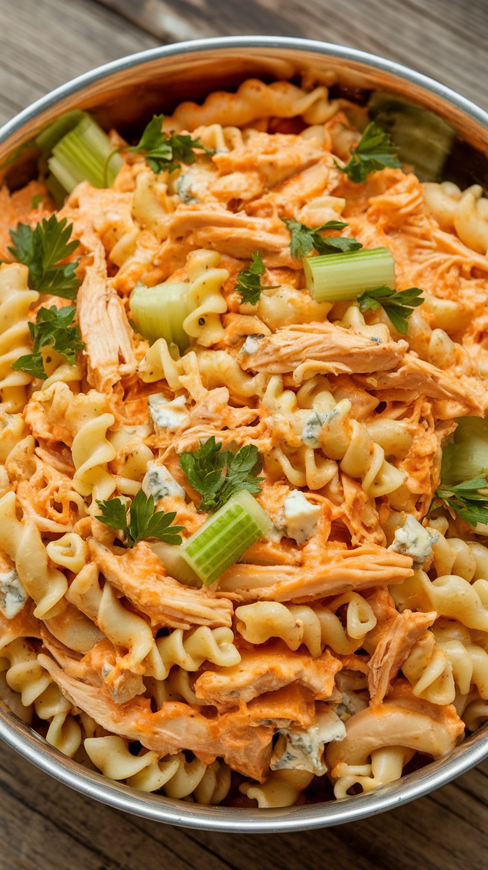 A serving of Buffalo Chicken Pasta Salad with rotini noodles, shredded chicken, celery, and blue cheese.