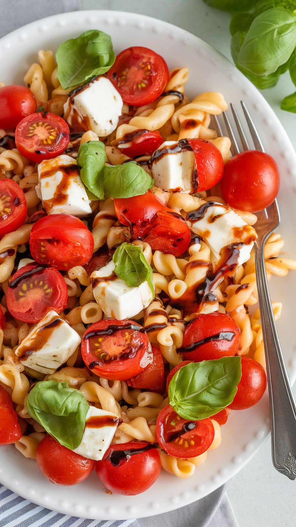 A plate of Caprese Pasta Salad with tomatoes, mozzarella, and basil drizzled with balsamic glaze.