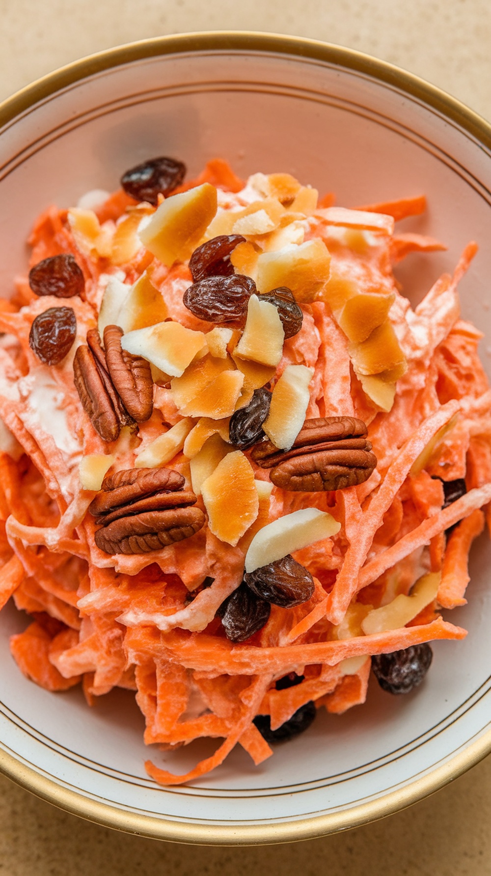 A bowl of carrot and raisin salad topped with nuts and coconut.