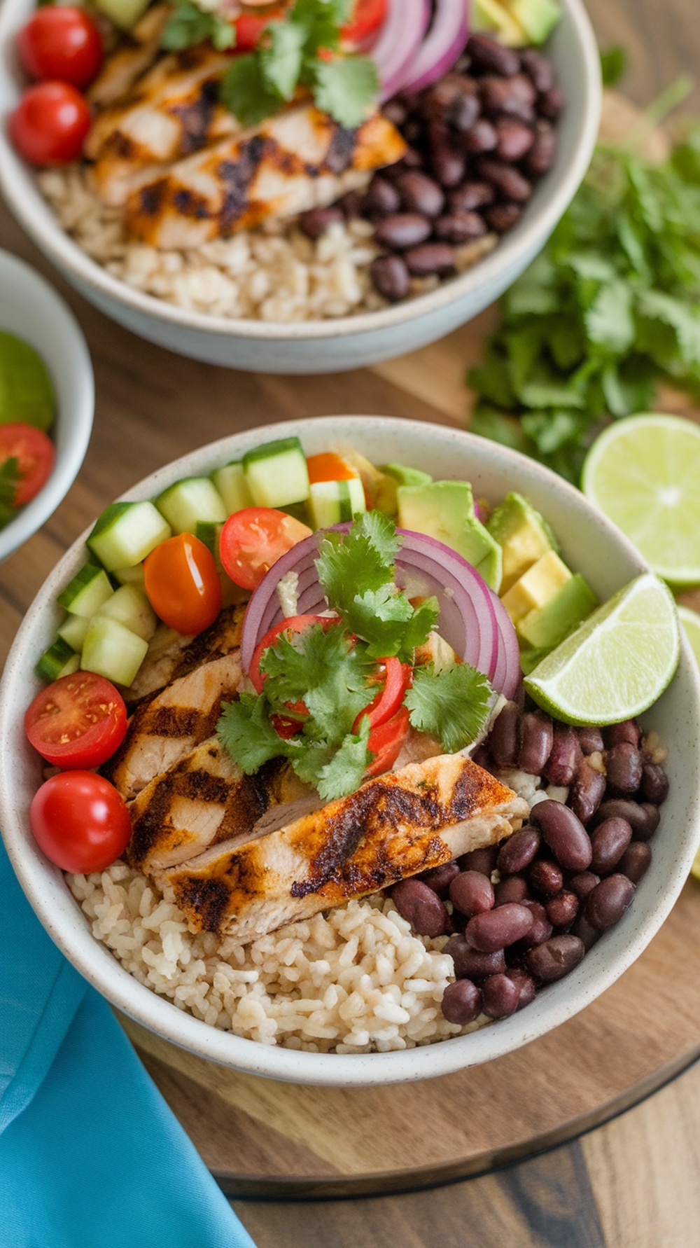 A colorful burrito bowl with grilled chicken, rice, black beans, and fresh vegetables.