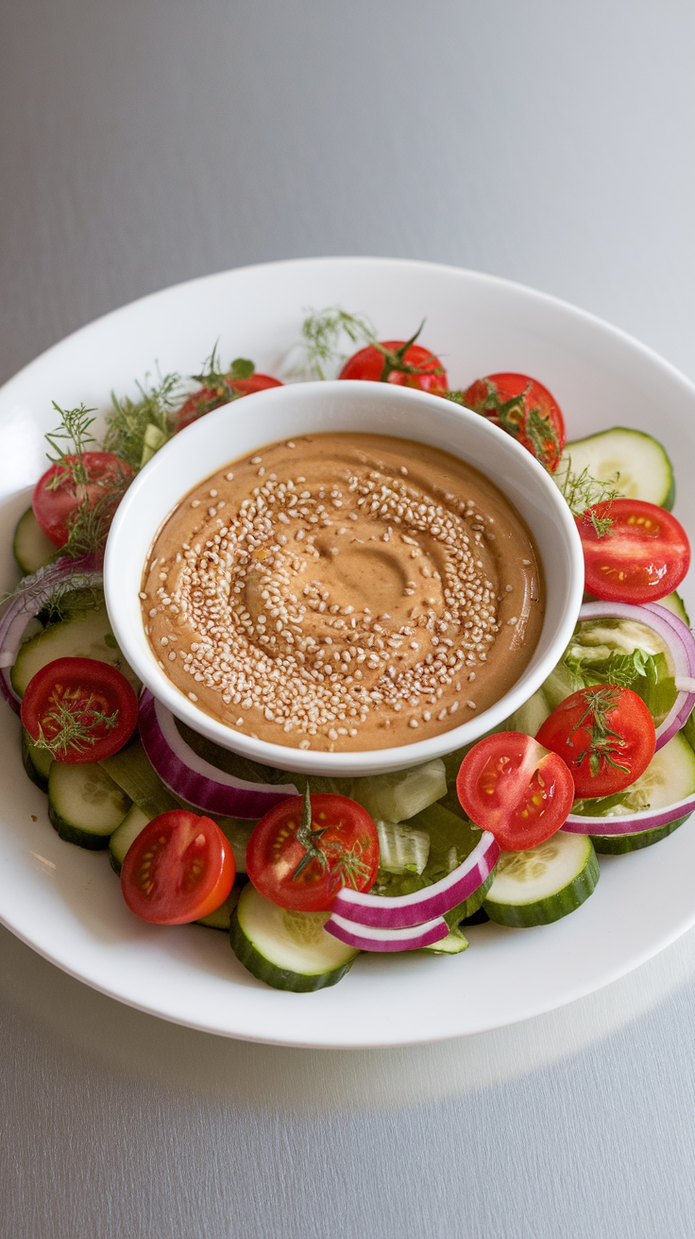 Creamy tahini dressing in a bowl surrounded by fresh vegetables.