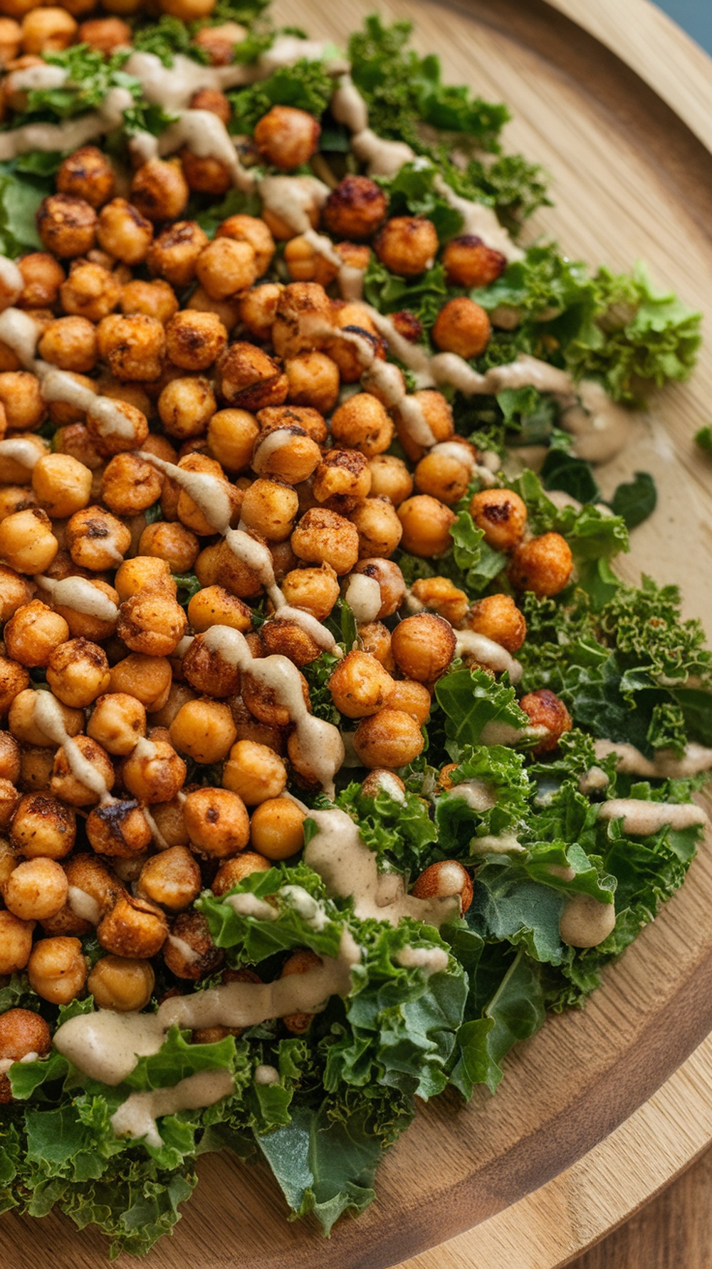 Crispy Chickpea and Kale Salad with tahini dressing